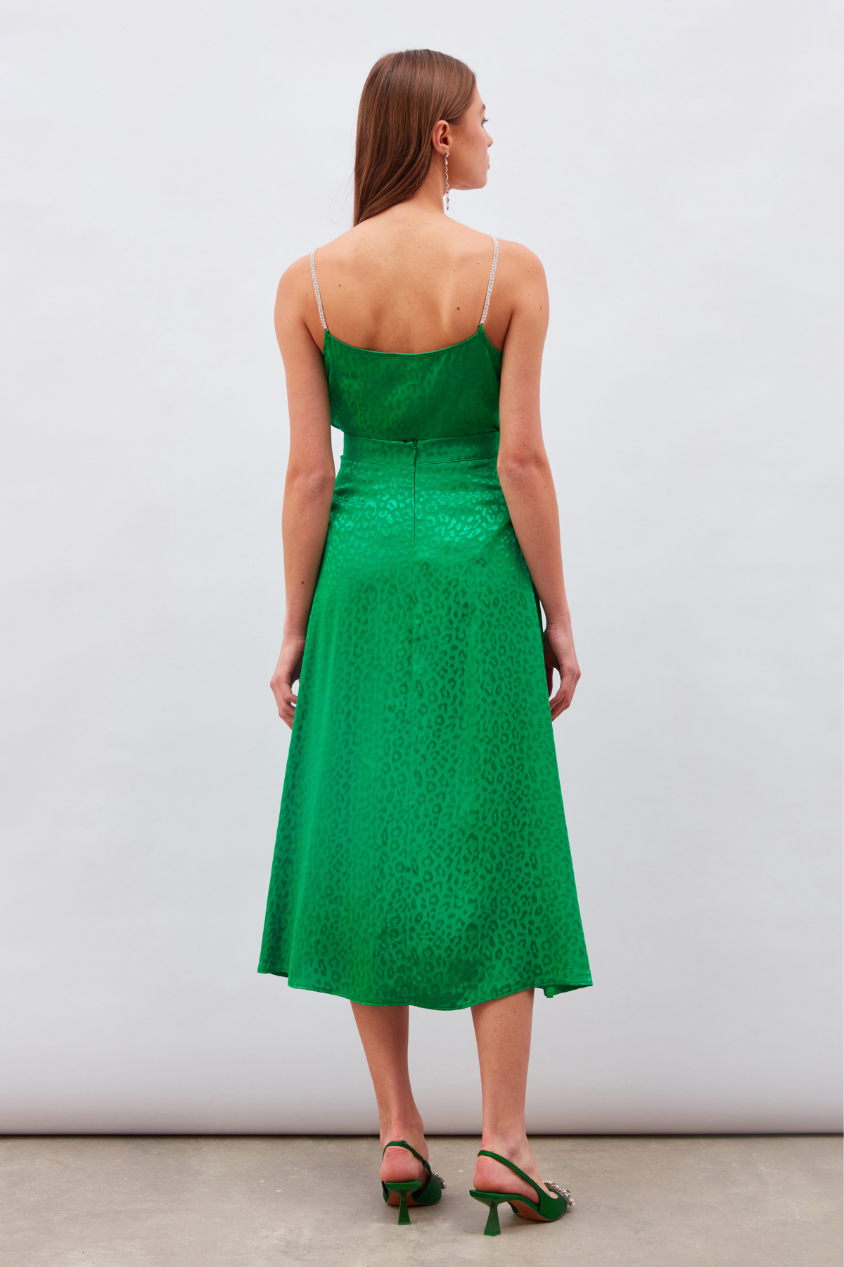 Leopar Desenli Midi Saten Etek - YEŞİL