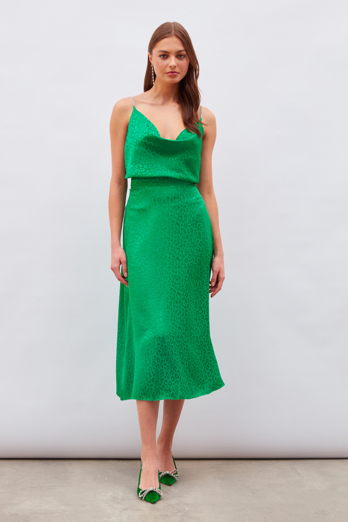 Leopar Desenli Midi Saten Etek - YEŞİL