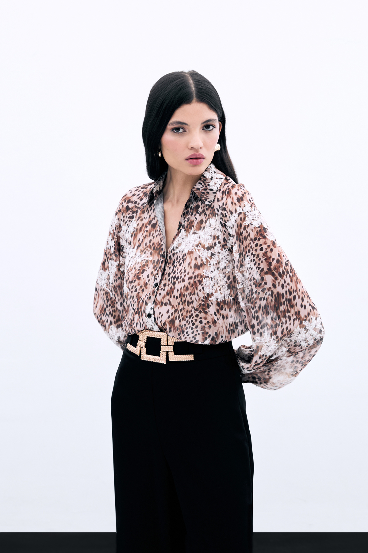 Leopar Desenli Nakışlı Gömlek - Vizon