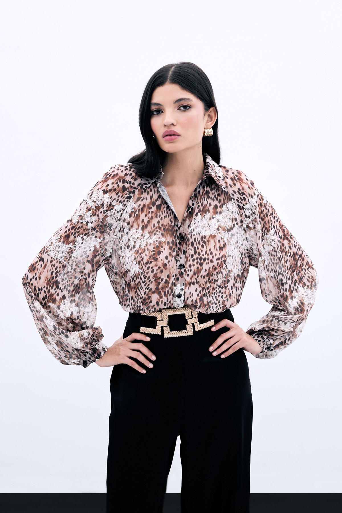 Leopar Desenli Nakışlı Gömlek - Vizon