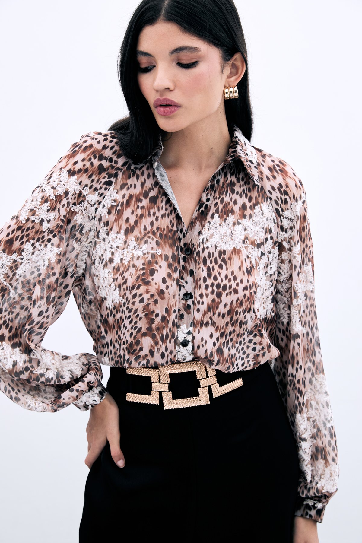 Leopar Desenli Nakışlı Gömlek - Vizon