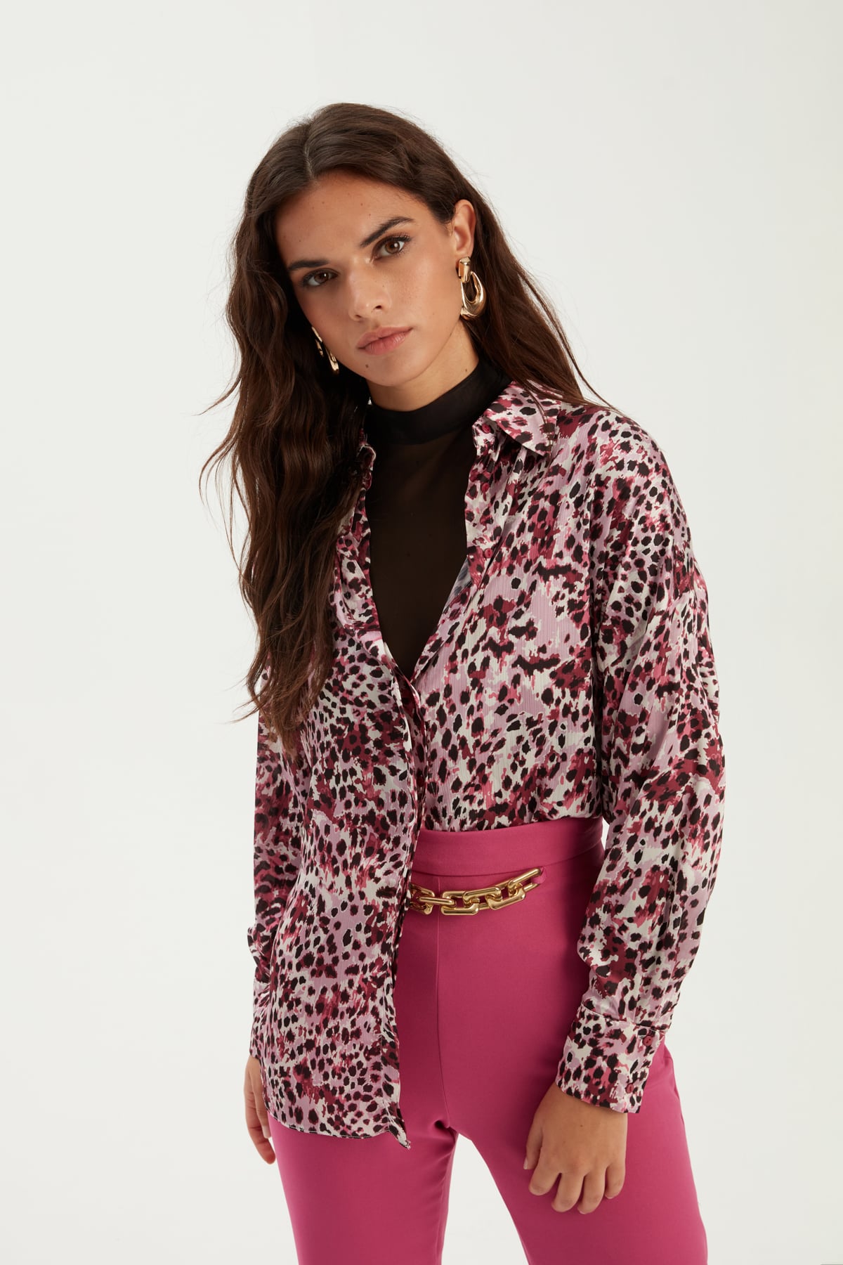 Leopar Desenli Salaş Gömlek - PEMBE