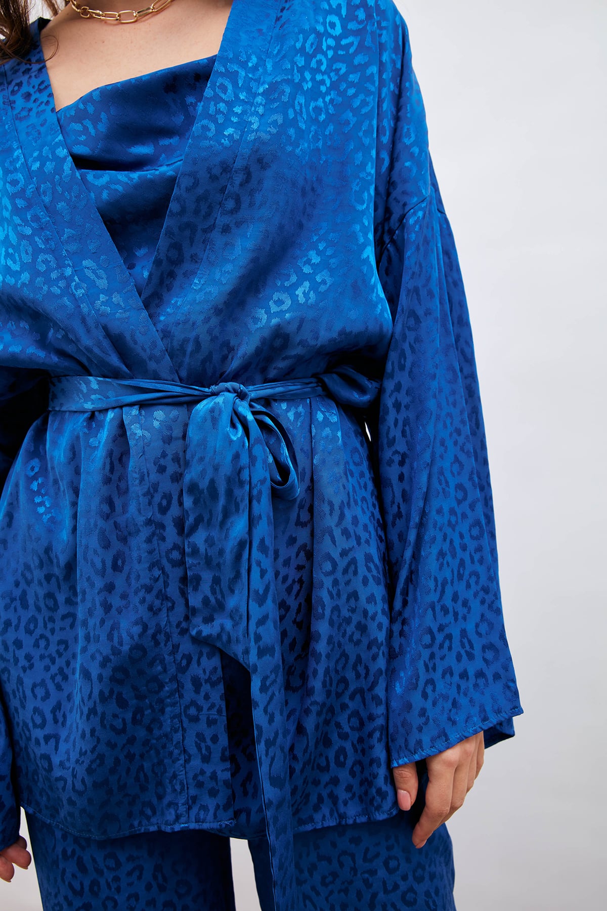 Leopar Jakarlı Kimono - SAX MAVİ