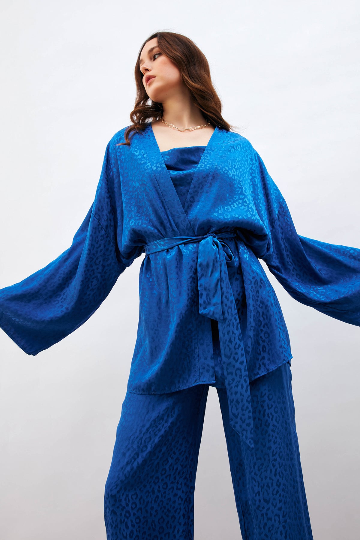 Leopar Jakarlı Kimono - SAX MAVİ