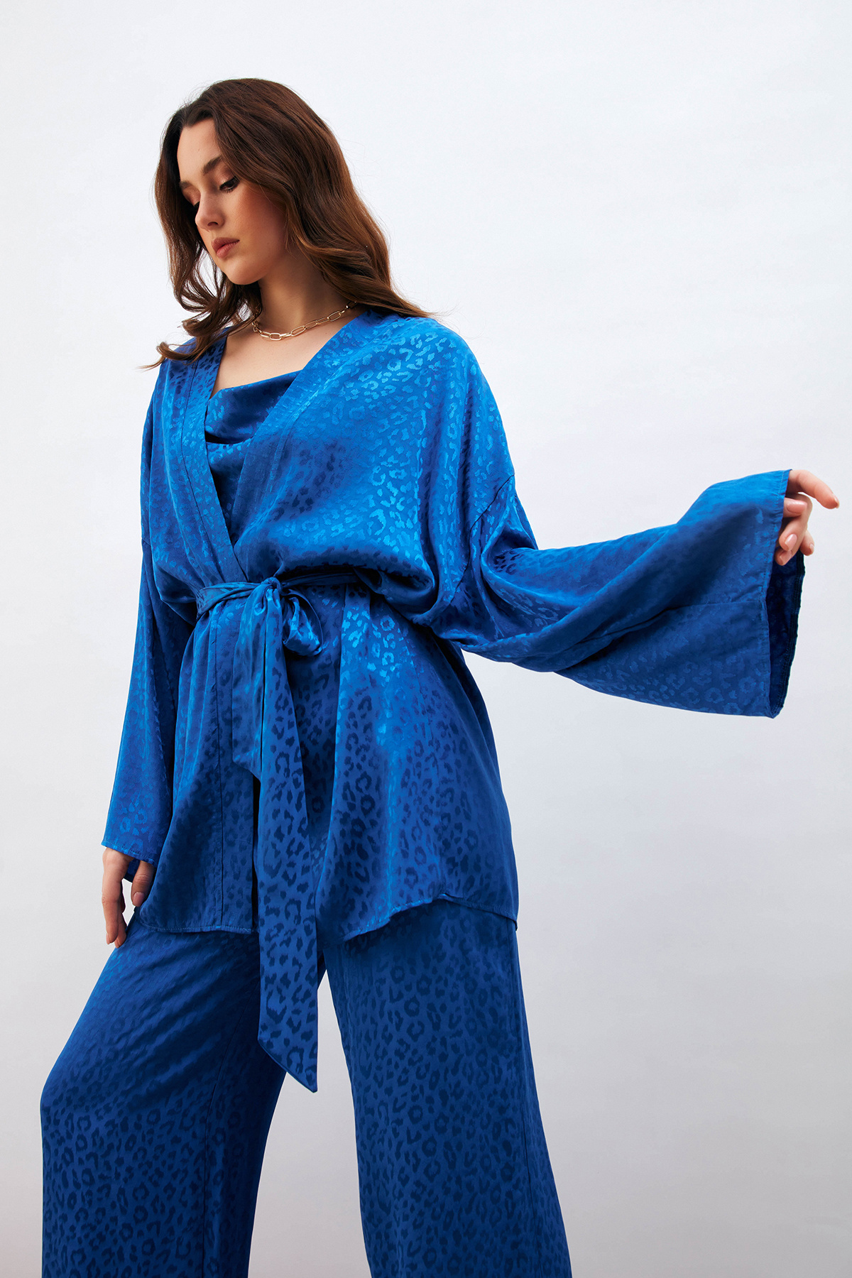 Leopar Jakarlı Kimono - SAX MAVİ