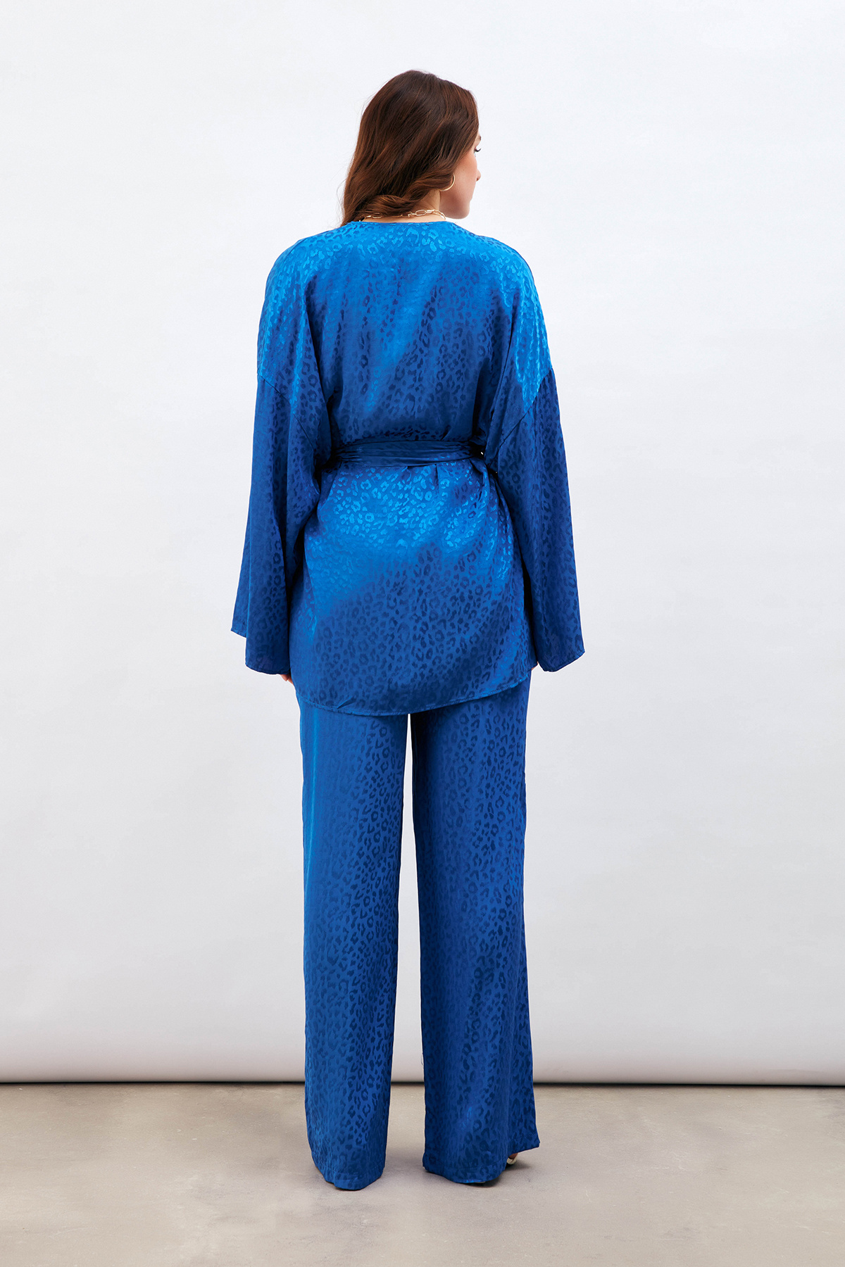 Leopar Jakarlı Kimono - SAX MAVİ