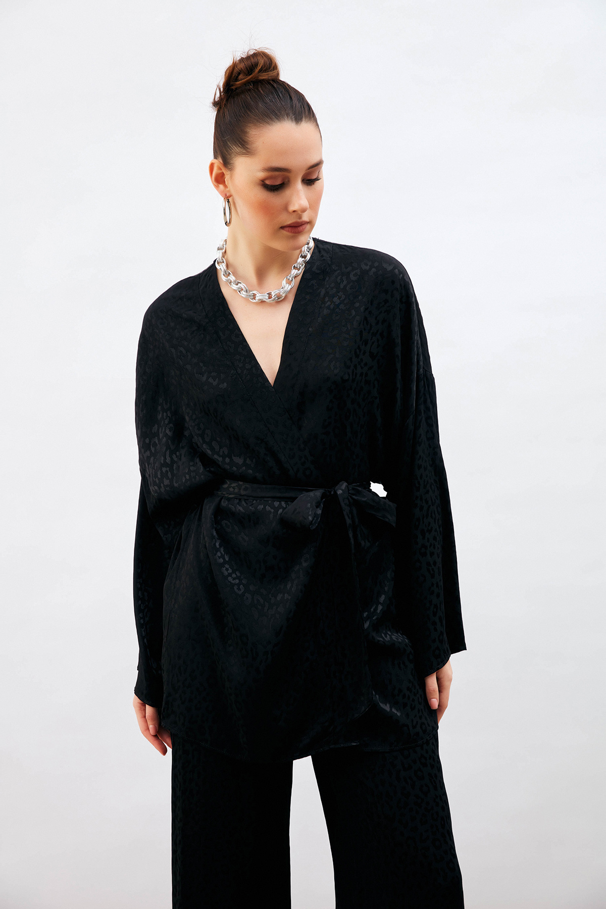 Leopar Jakarlı Kimono - SİYAH