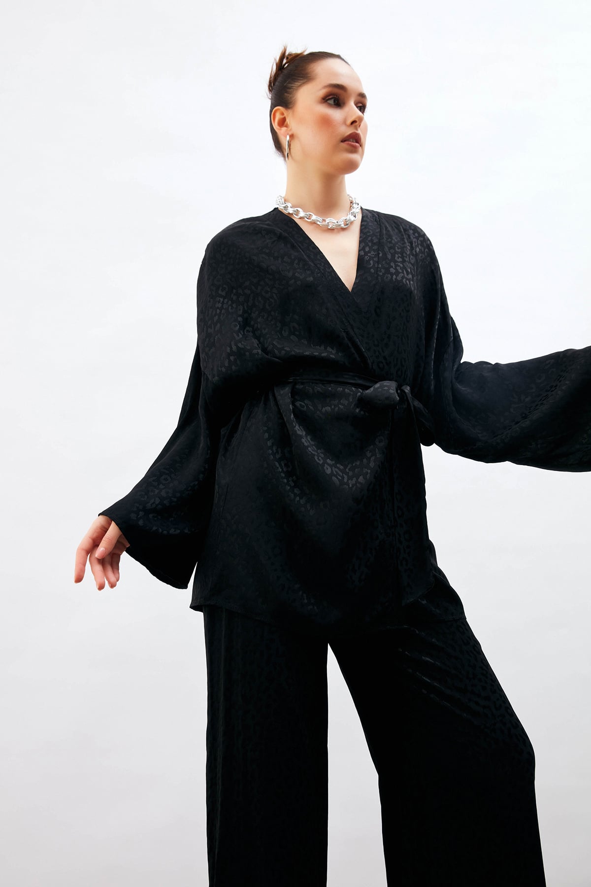Leopar Jakarlı Kimono - SİYAH