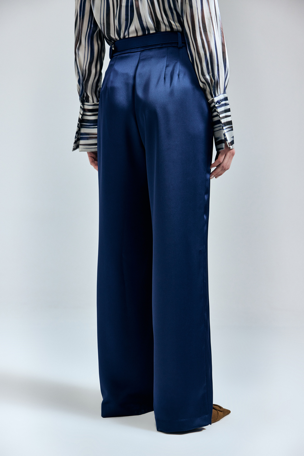Lisa Satin Trousers with Belt Detail - Blue