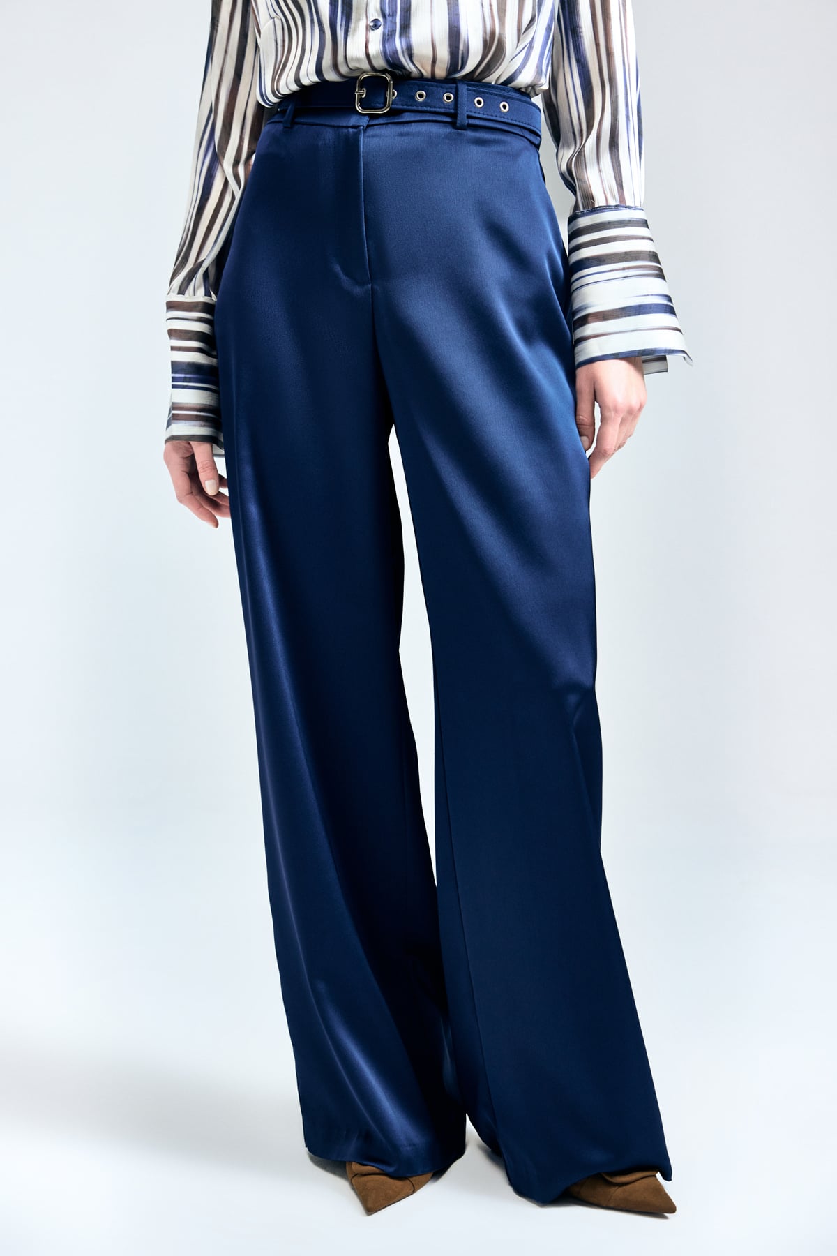 Lisa Satin Trousers with Belt Detail - Blue