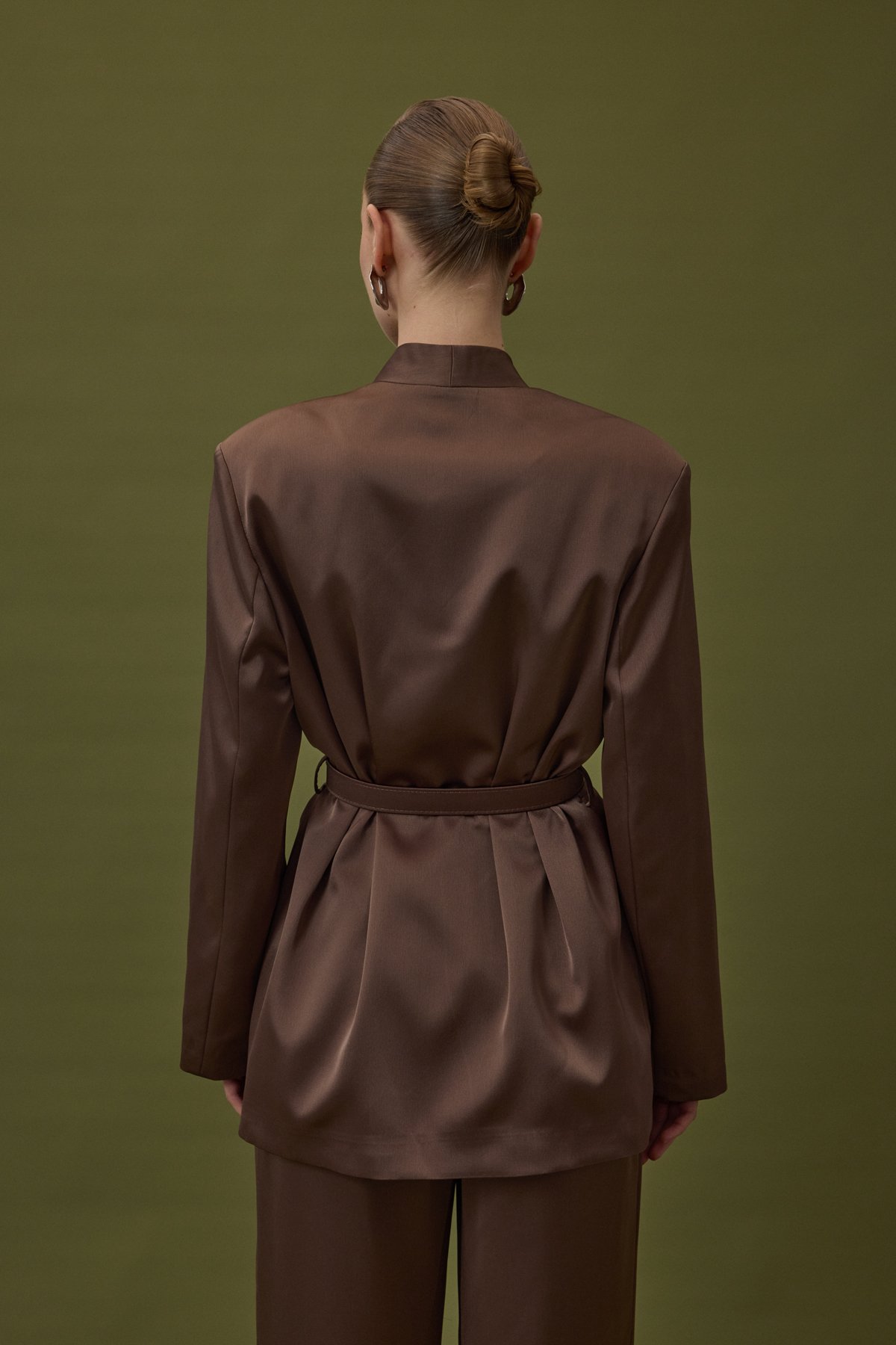 Lisa Kemerli Saten Ceket - Kahve