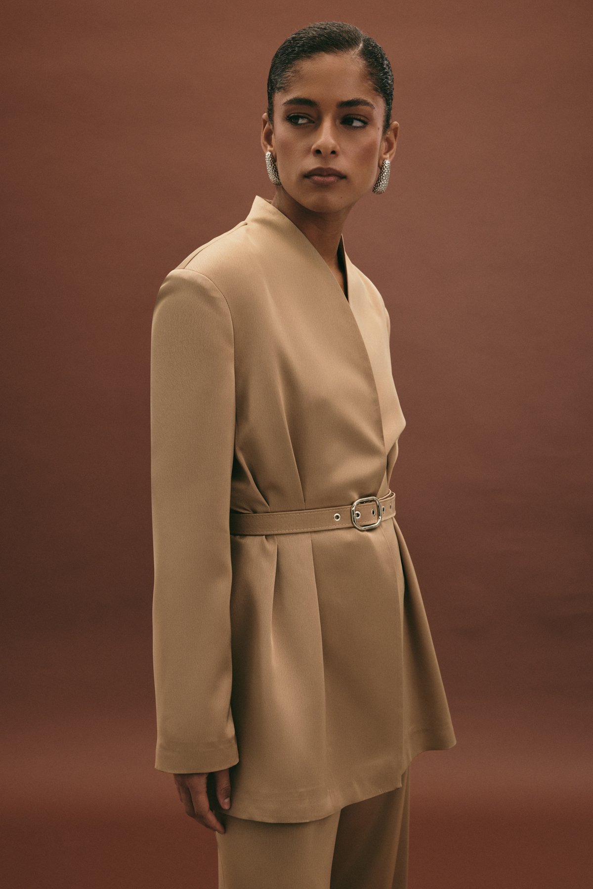 Lisa Kemerli Saten Ceket - Vizon