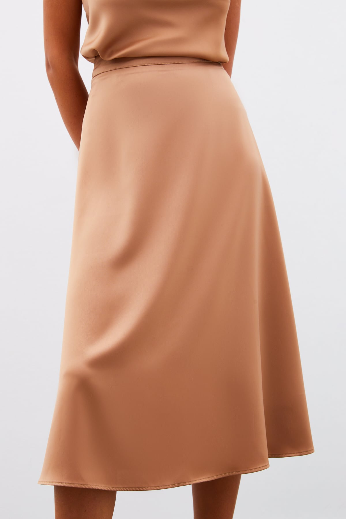 Midi Length Satin Skirt - CAMEL
