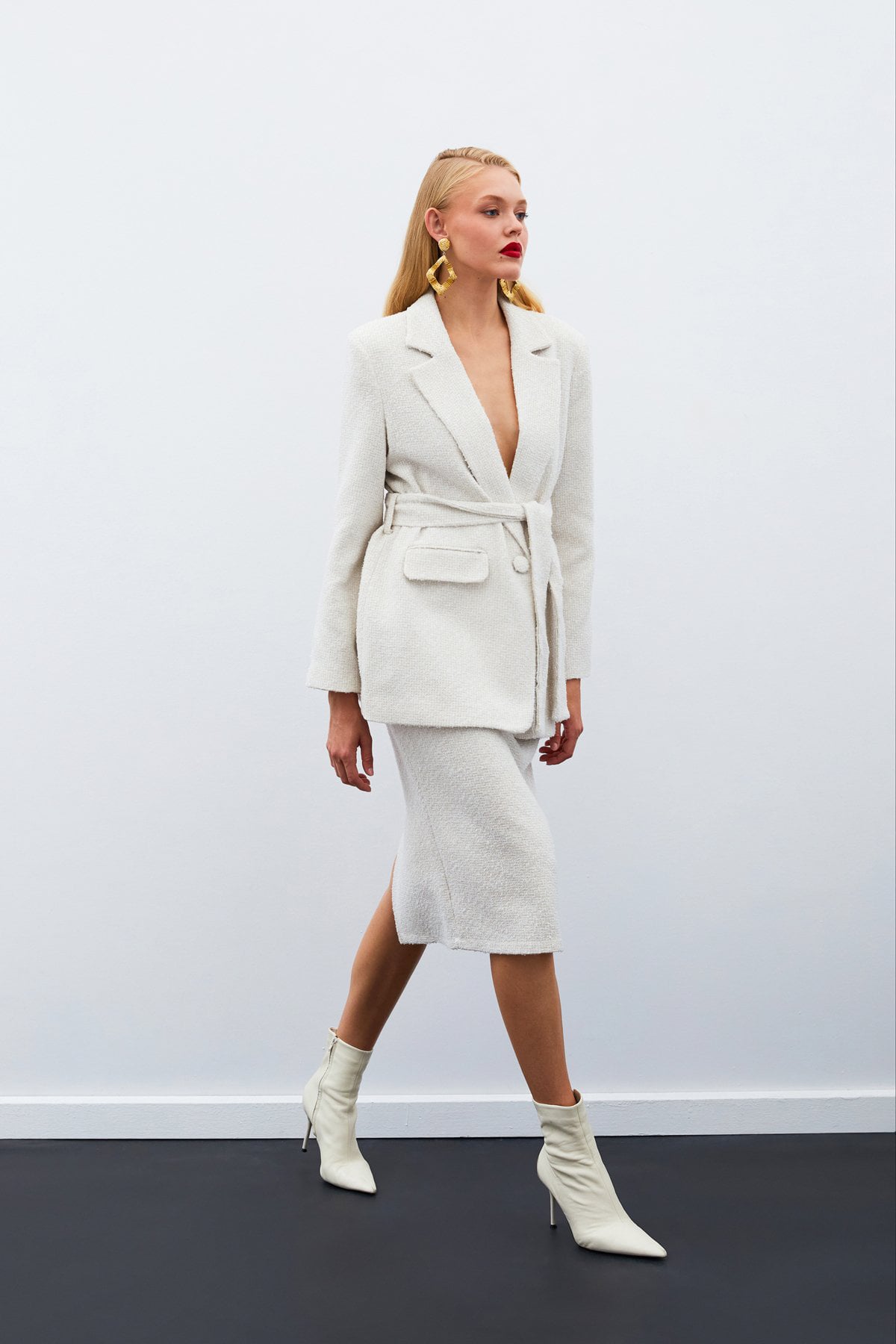 Midi Length Tweed Skirt - Stone