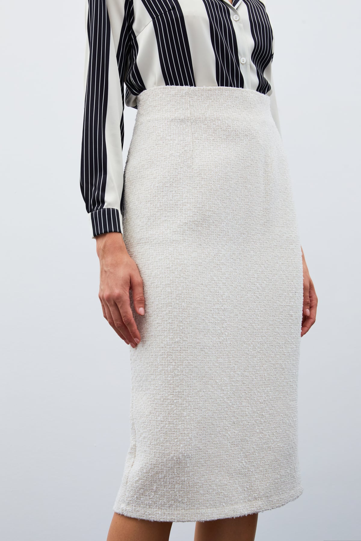 Midi Length Tweed Skirt - Stone