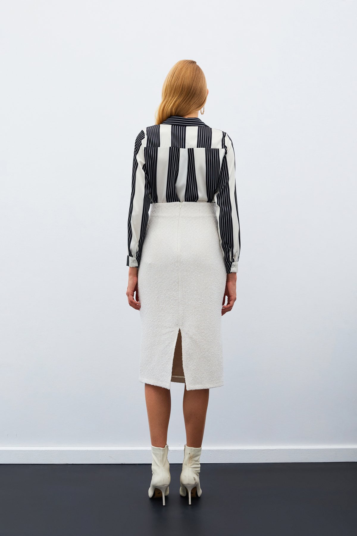 Midi Length Tweed Skirt - Stone