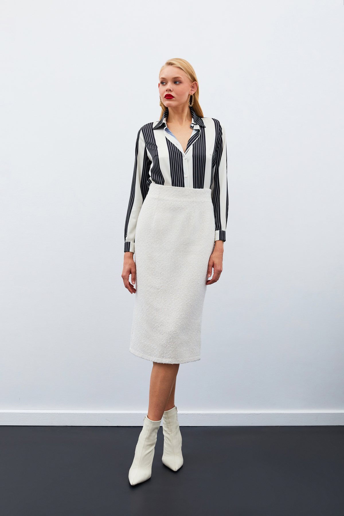 Midi Length Tweed Skirt - Stone