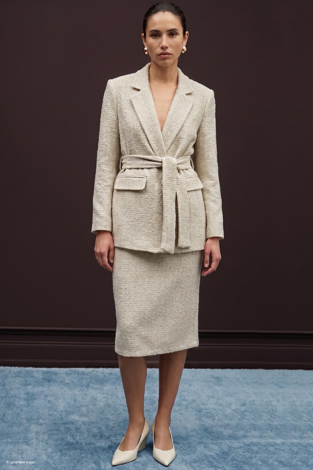 Midi Length Tweed Skirt - Stone