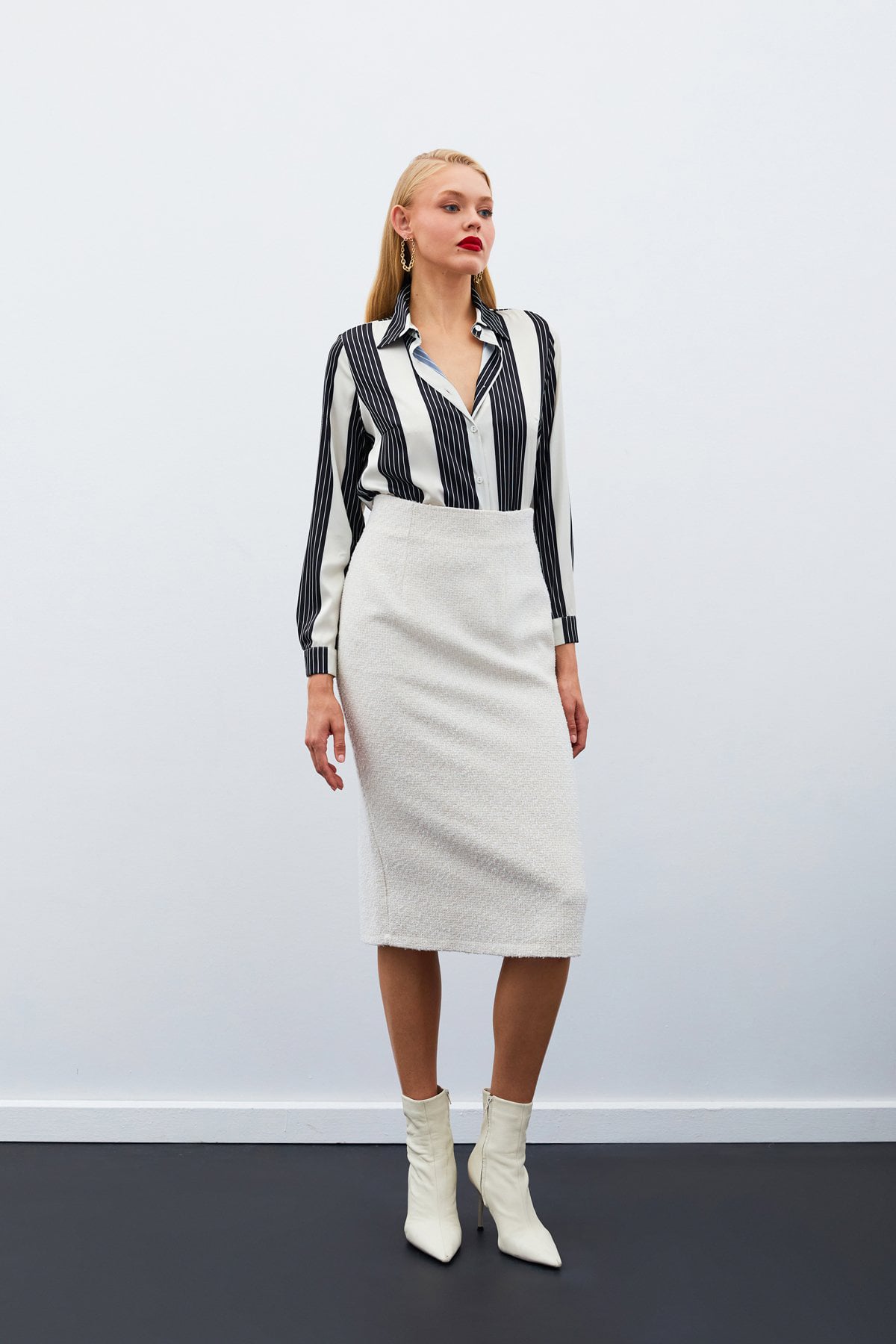 Midi Length Tweed Skirt - Stone