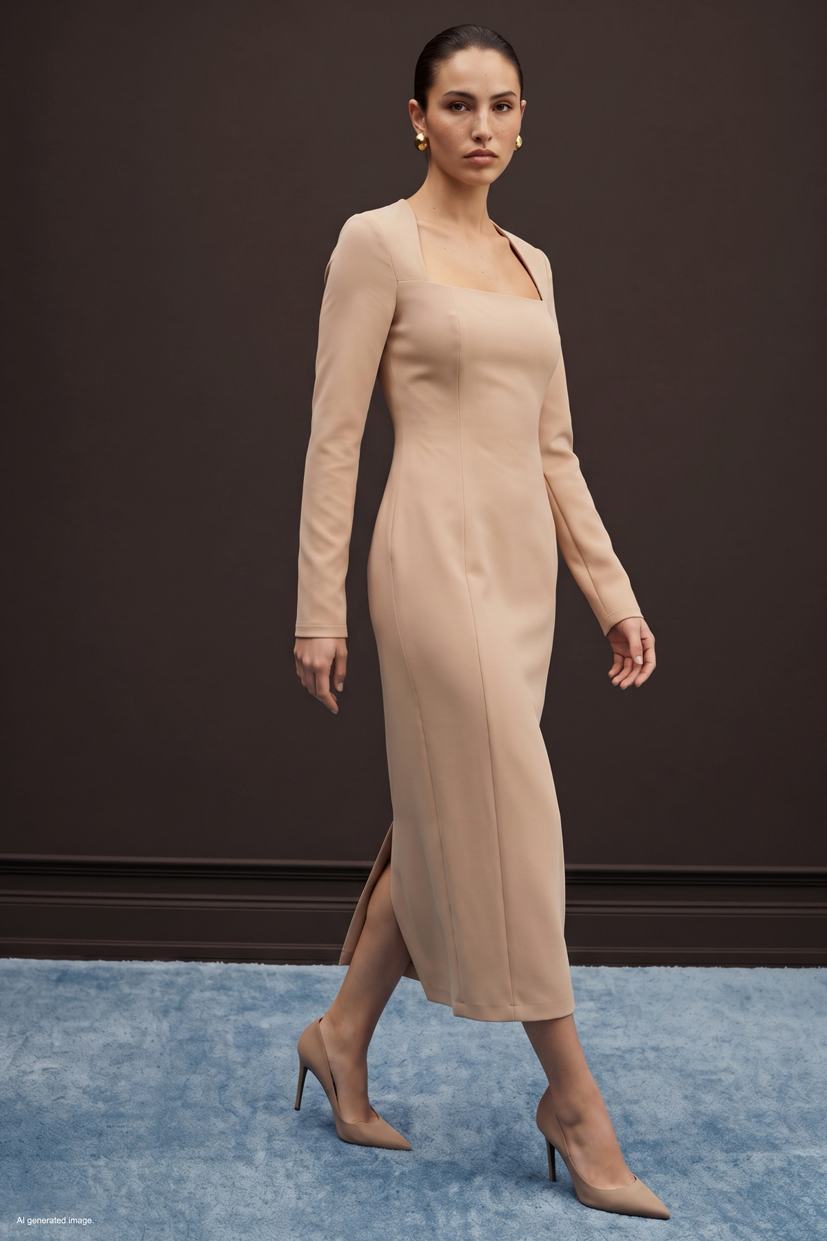 Long-Sleeve Classic Midi Dress - Beıge