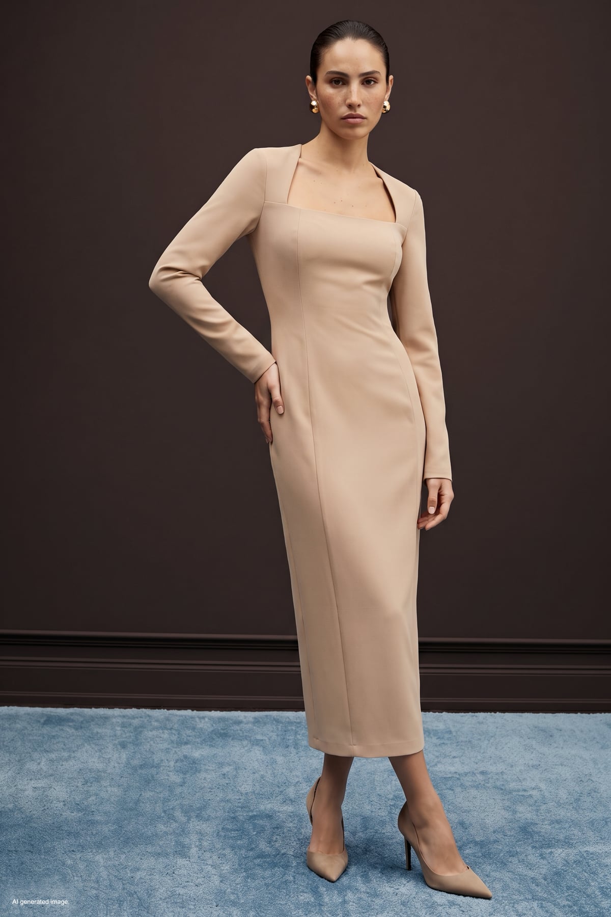 Long-Sleeve Classic Midi Dress - Beıge