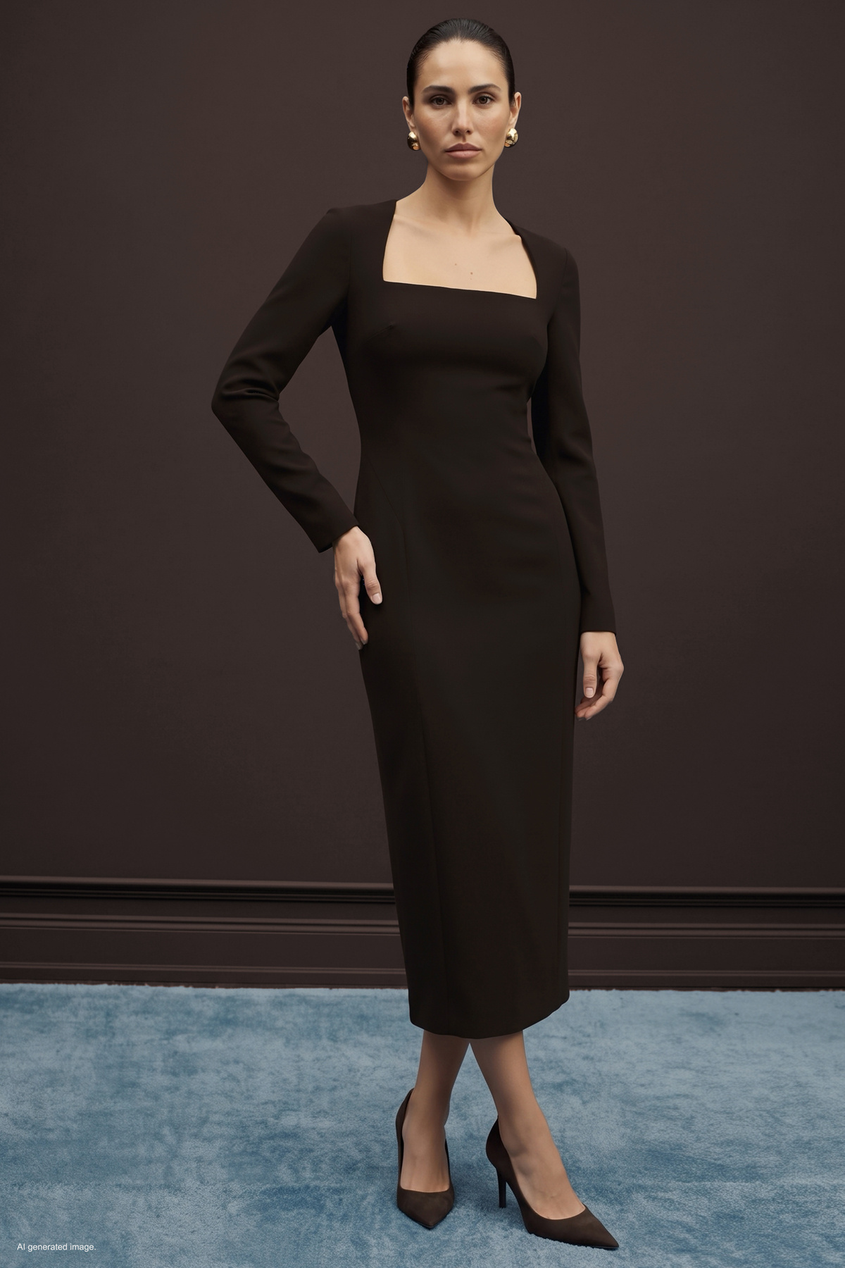 Long-Sleeve Classic Midi Dress - Brown