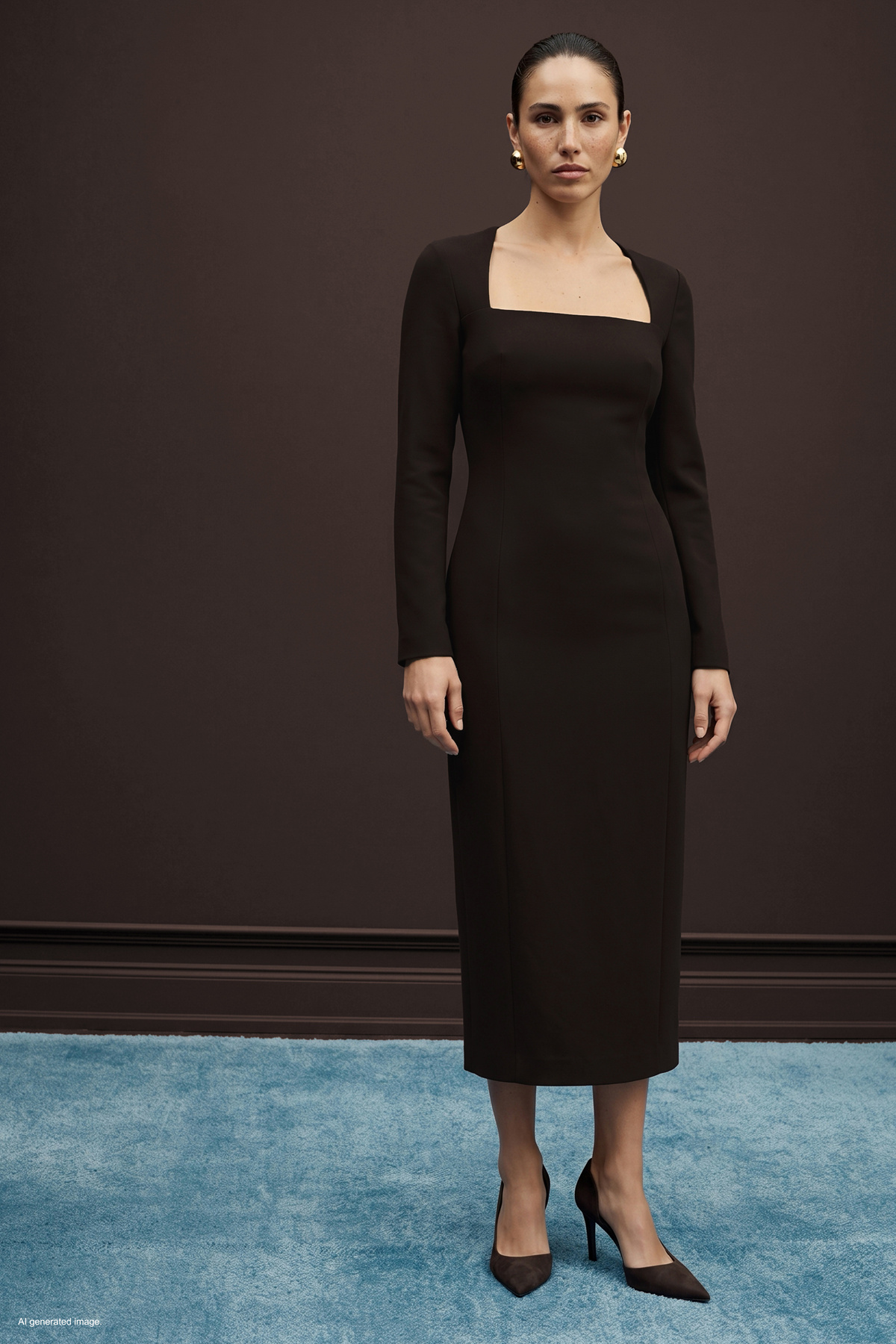 Long-Sleeve Classic Midi Dress - Brown