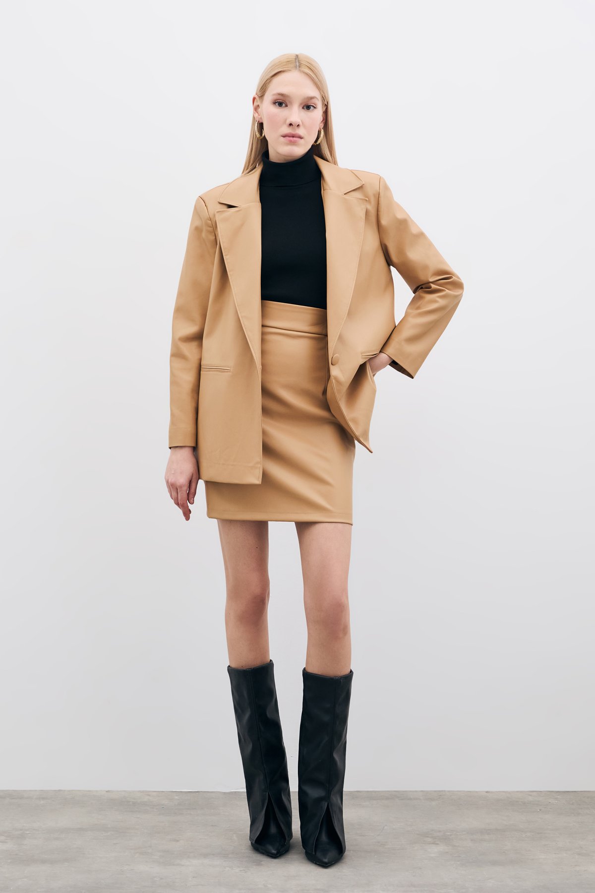 Mini Deri Etek - Bej