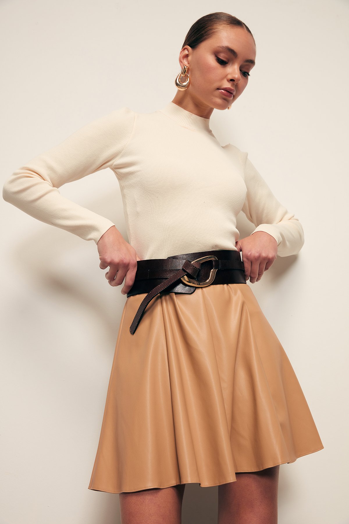 Mini Deri Etek - CAMEL