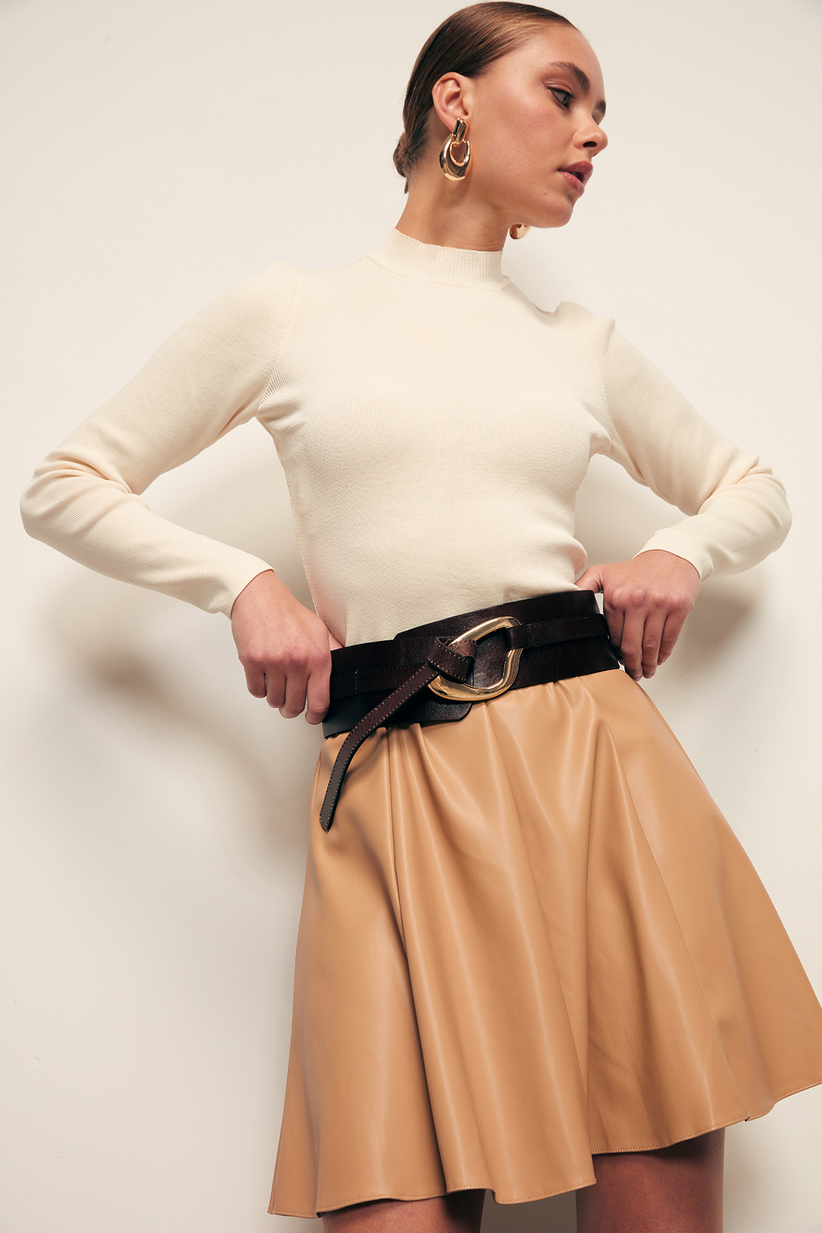 Mini Deri Etek - CAMEL