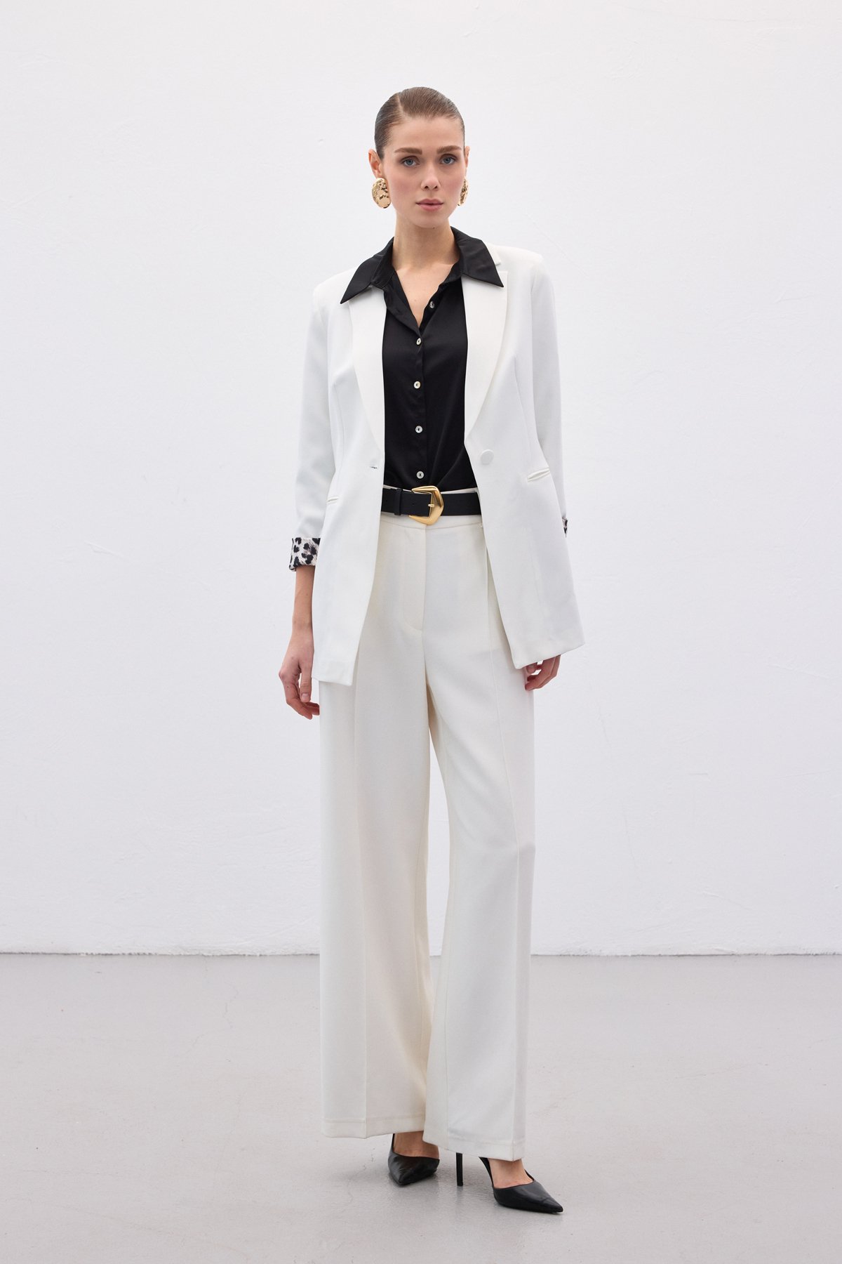 Mono Yaka Klasik Ceket - Ekru-Siyah