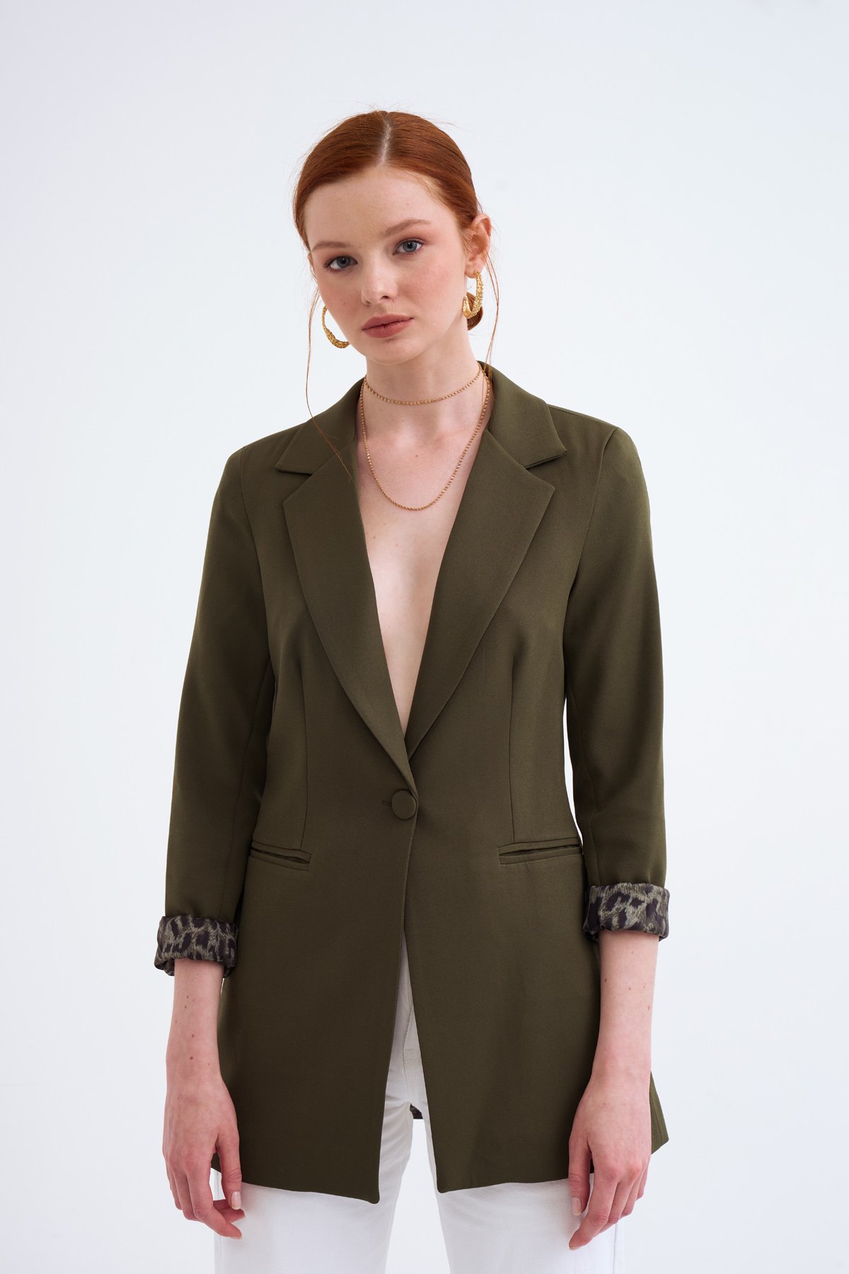 Mono yaka klasik ceket - HAKİ