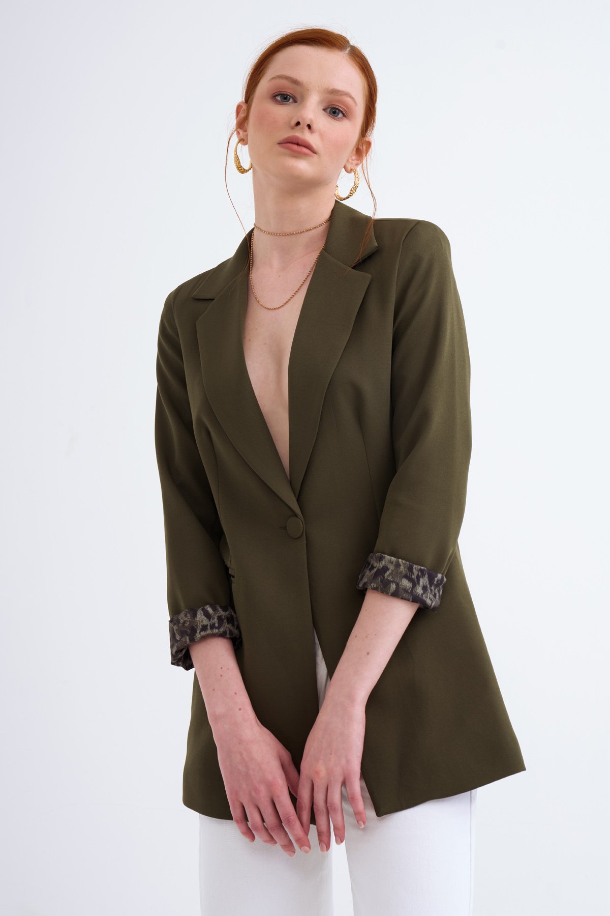 Mono yaka klasik ceket - HAKİ