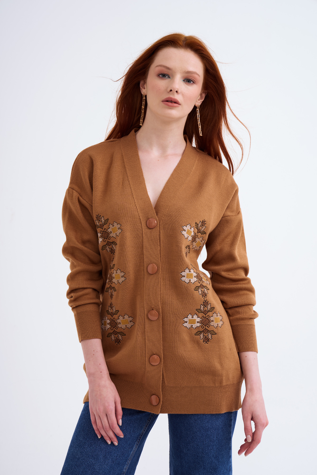 Nakış detaylı uzun hırka - CAMEL
