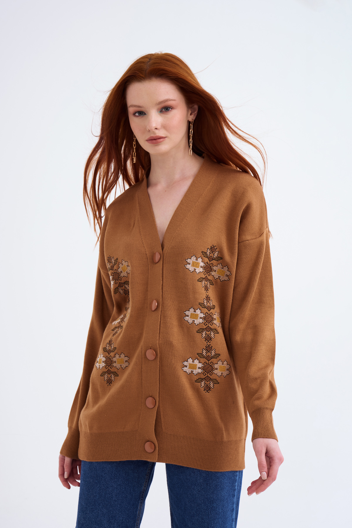 Nakış detaylı uzun hırka - CAMEL