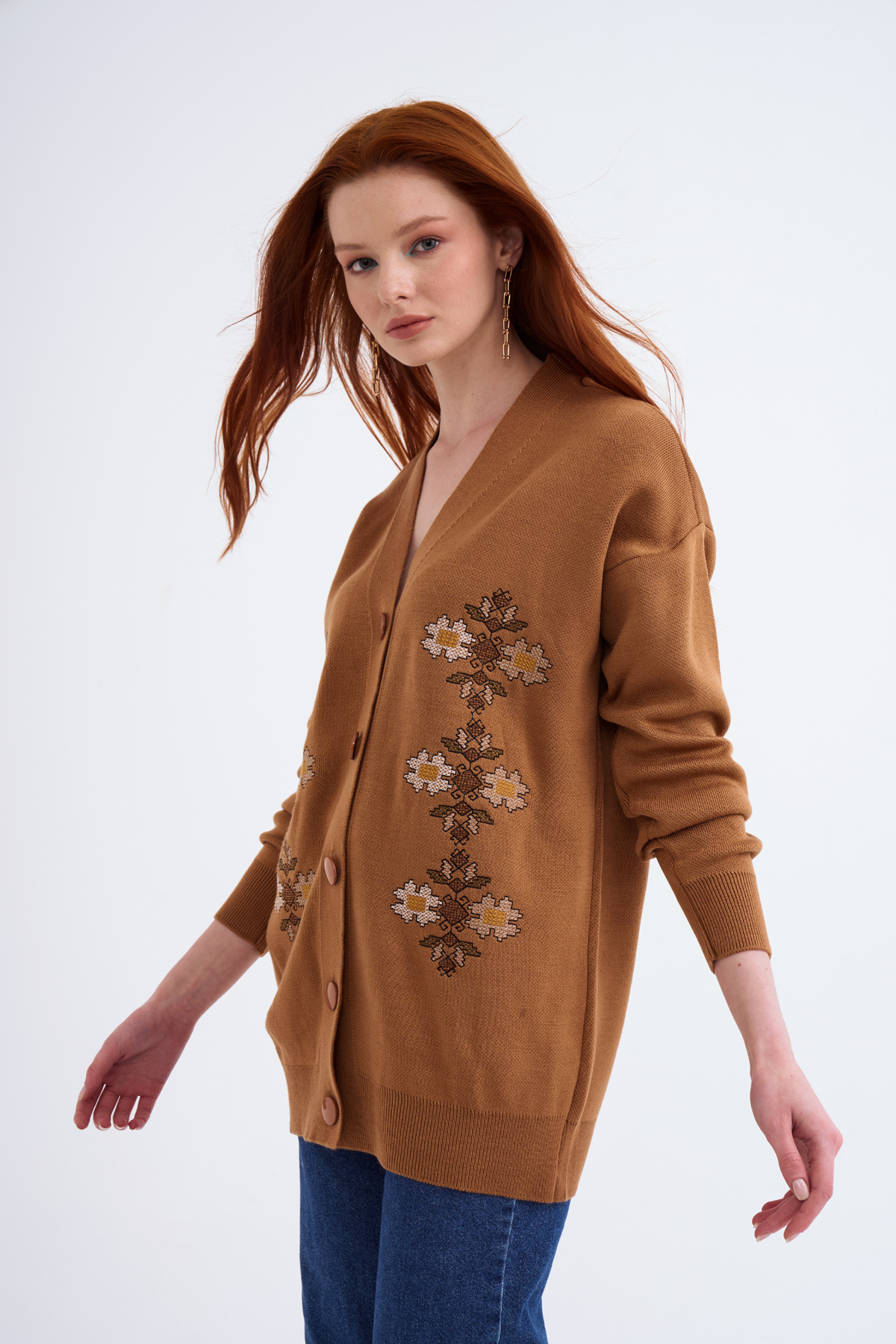Nakış detaylı uzun hırka - CAMEL