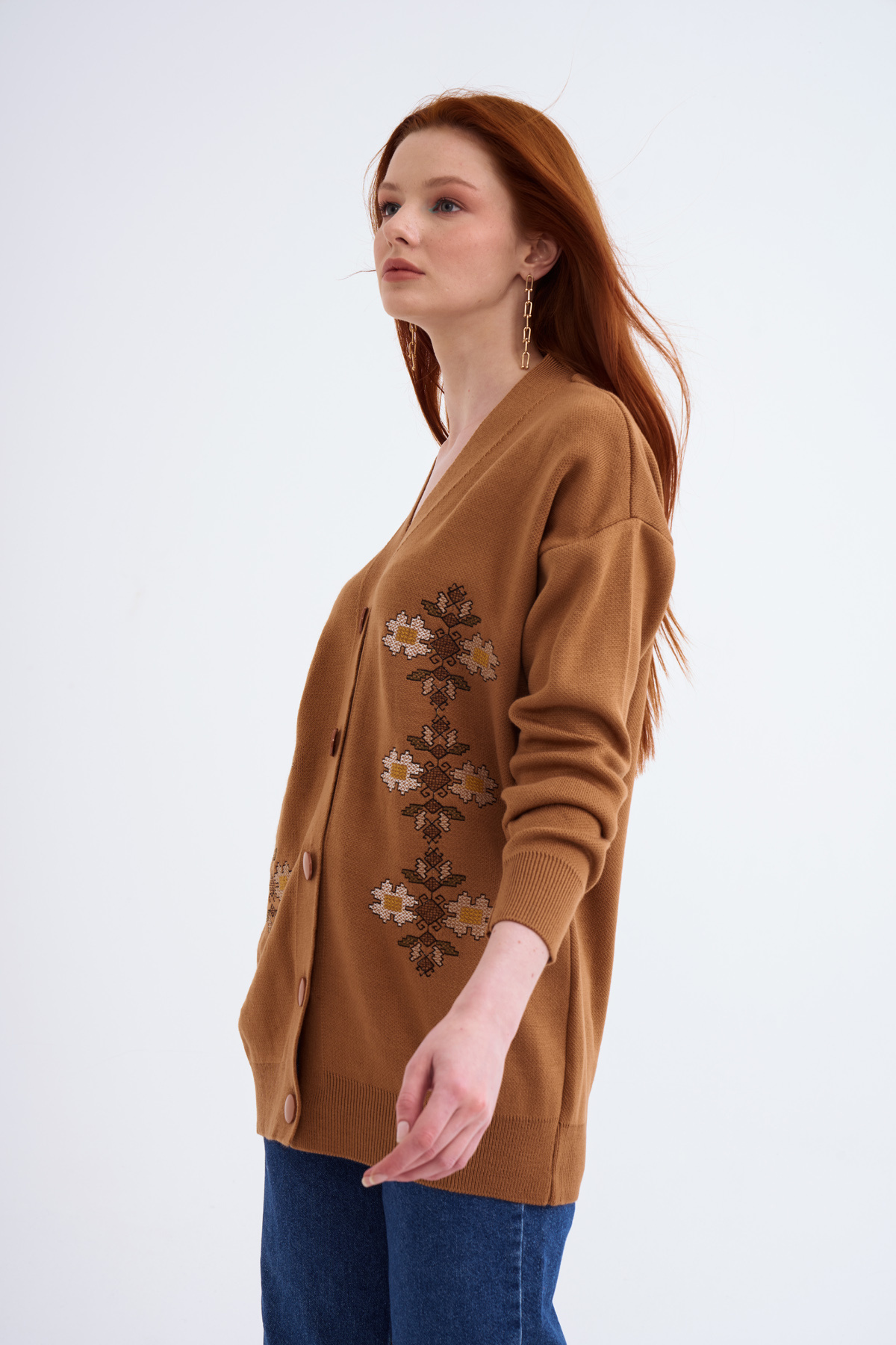 Nakış detaylı uzun hırka - CAMEL