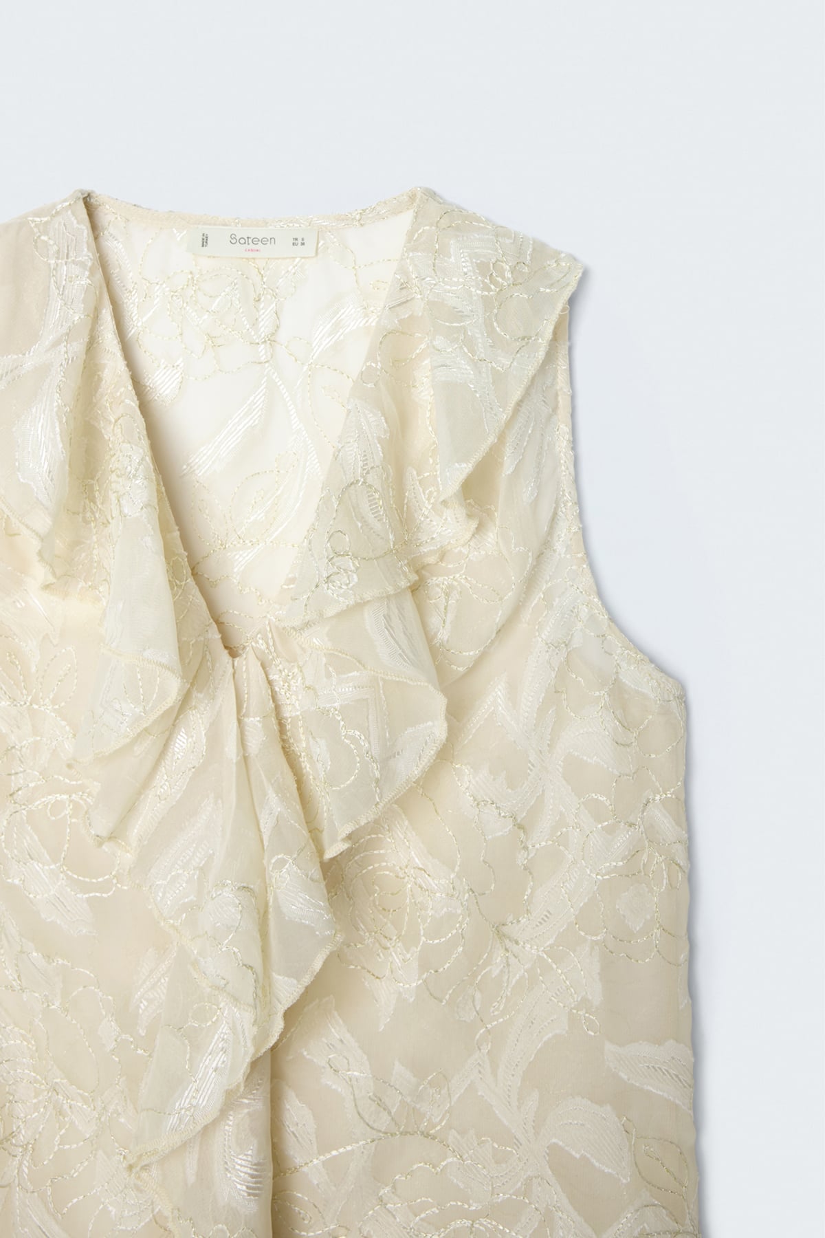 Embroidered Ruffle Detail Transparent Blouse - Beıge