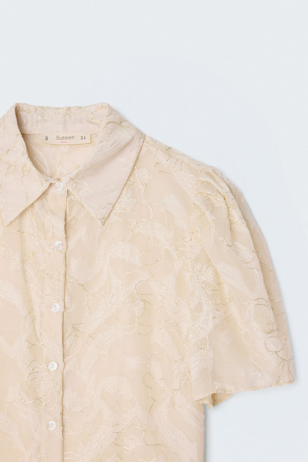 Embroidered Short-Sleeve Shirt - Beıge