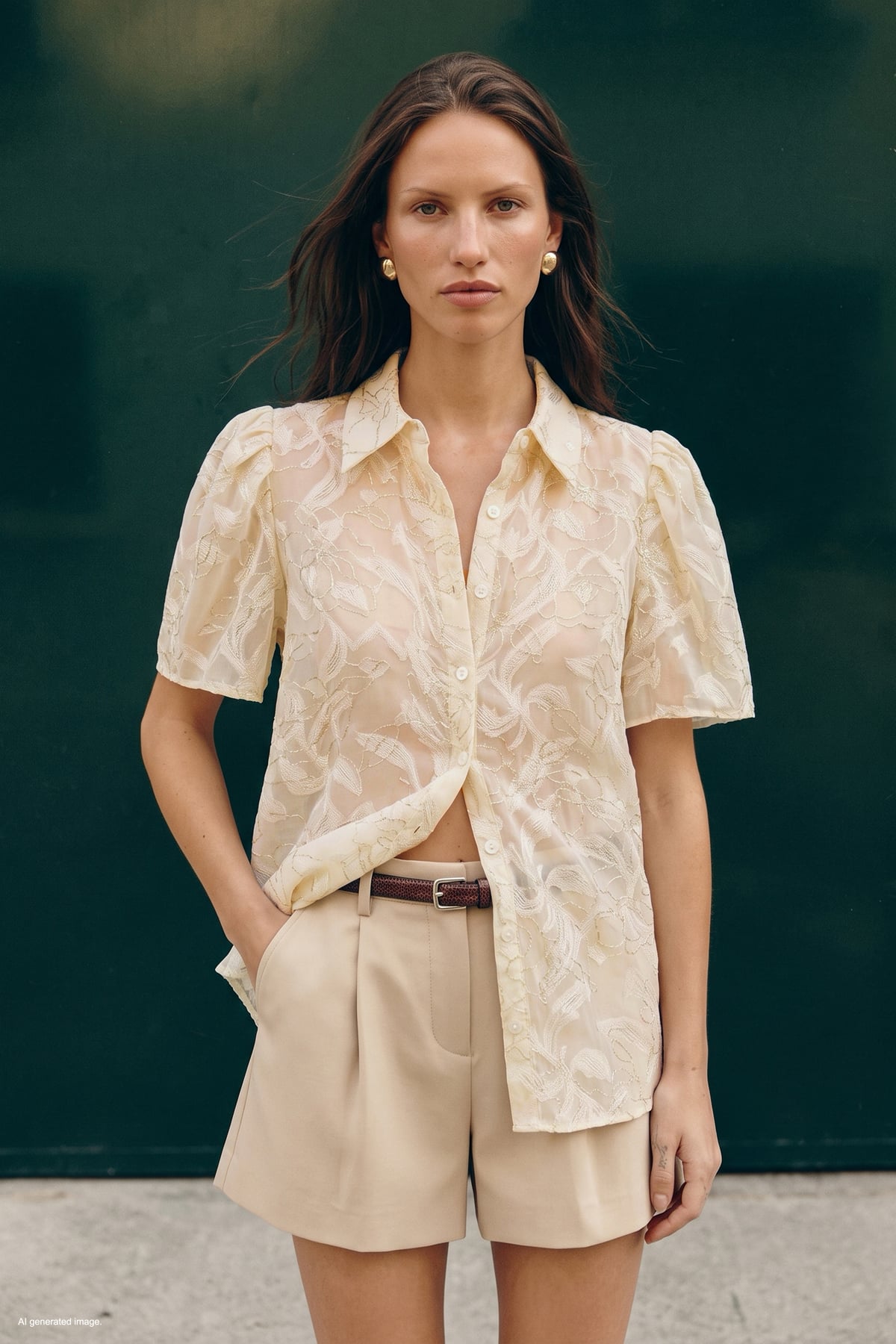 Embroidered Short-Sleeve Shirt - Beıge