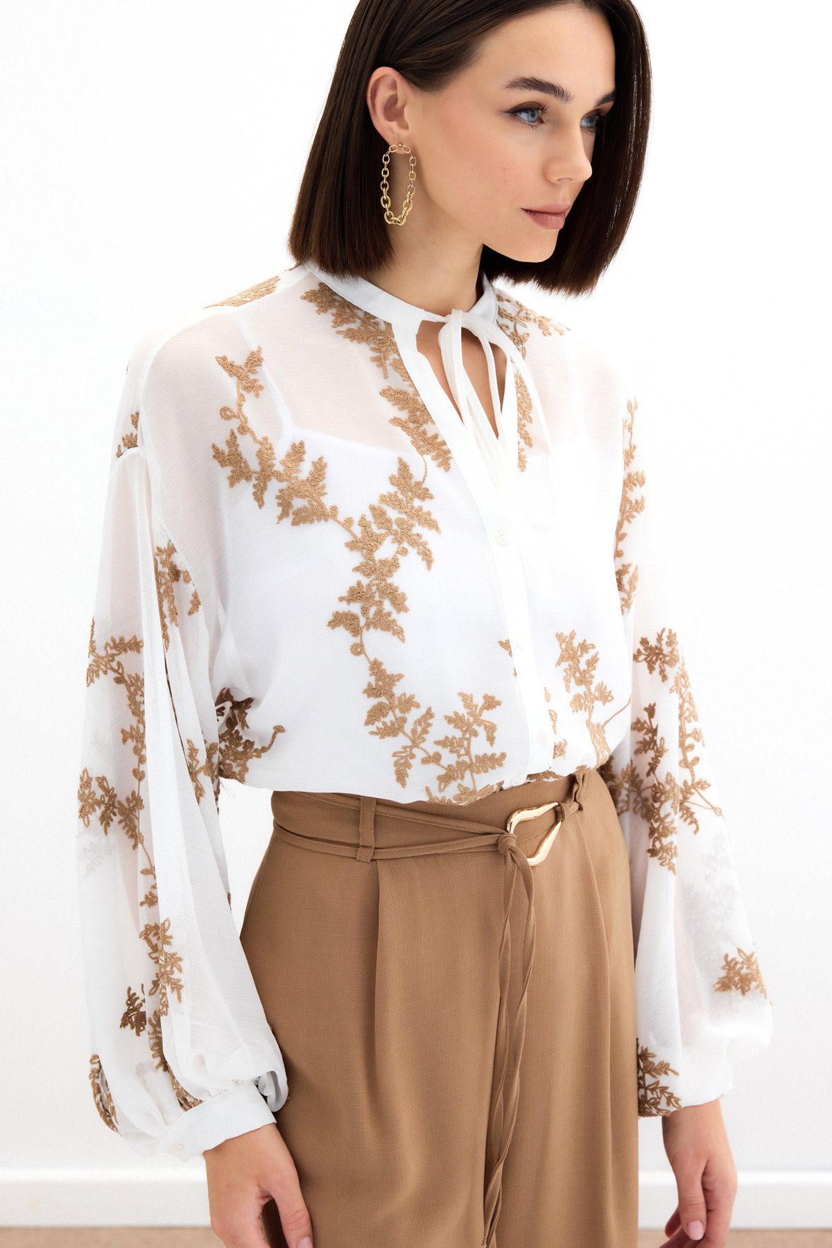 Nakışlı Şifon Gömlek - Camel