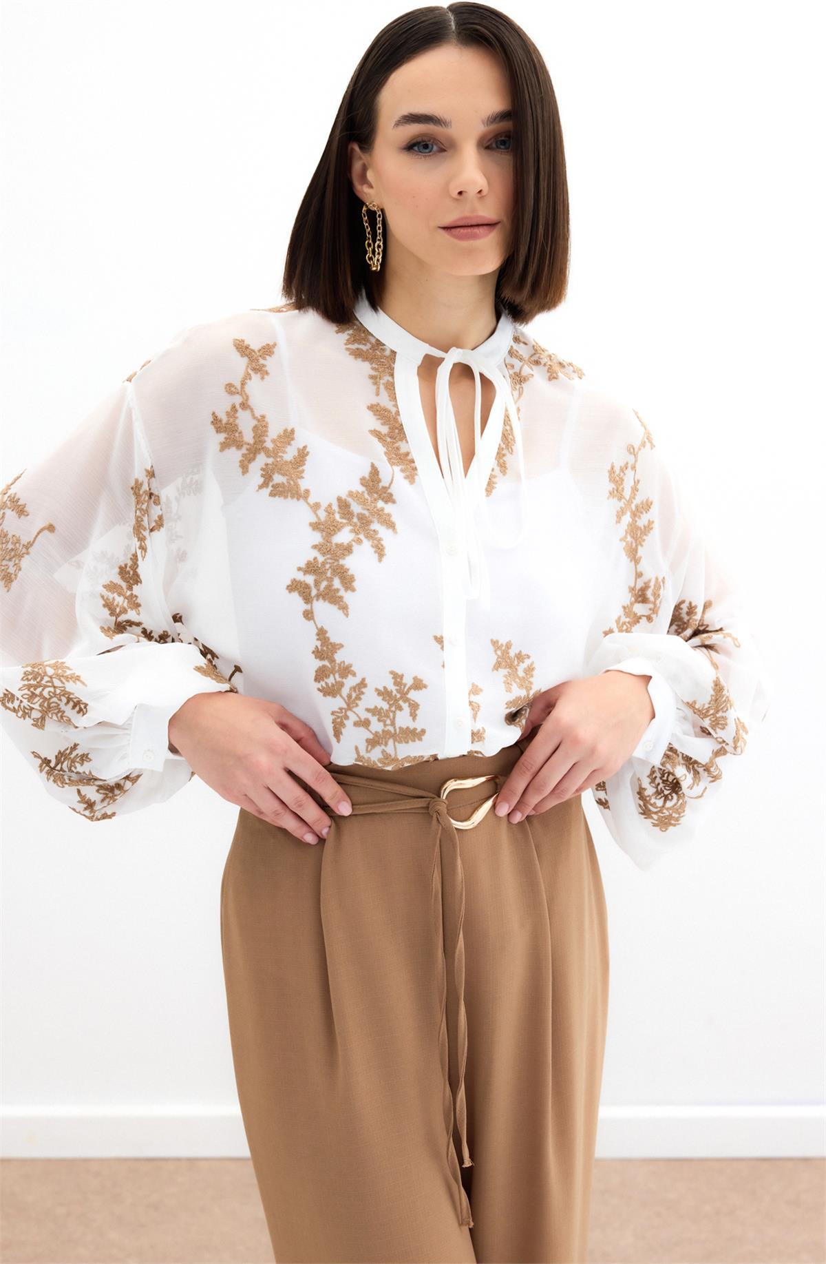 Nakışlı Şifon Gömlek - Camel