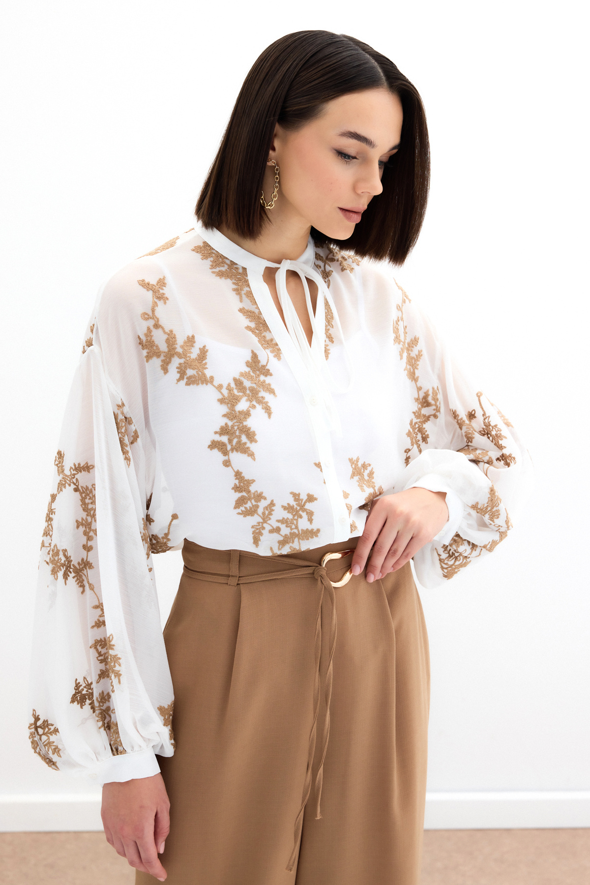 Nakışlı Şifon Gömlek - Camel