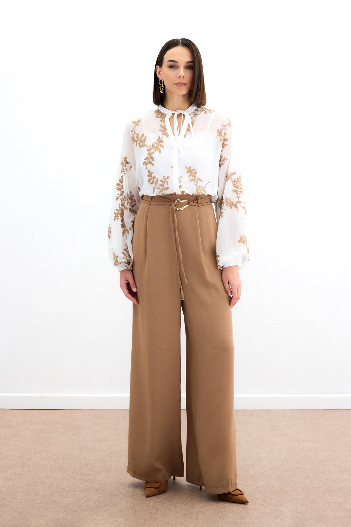 Nakışlı Şifon Gömlek - Camel