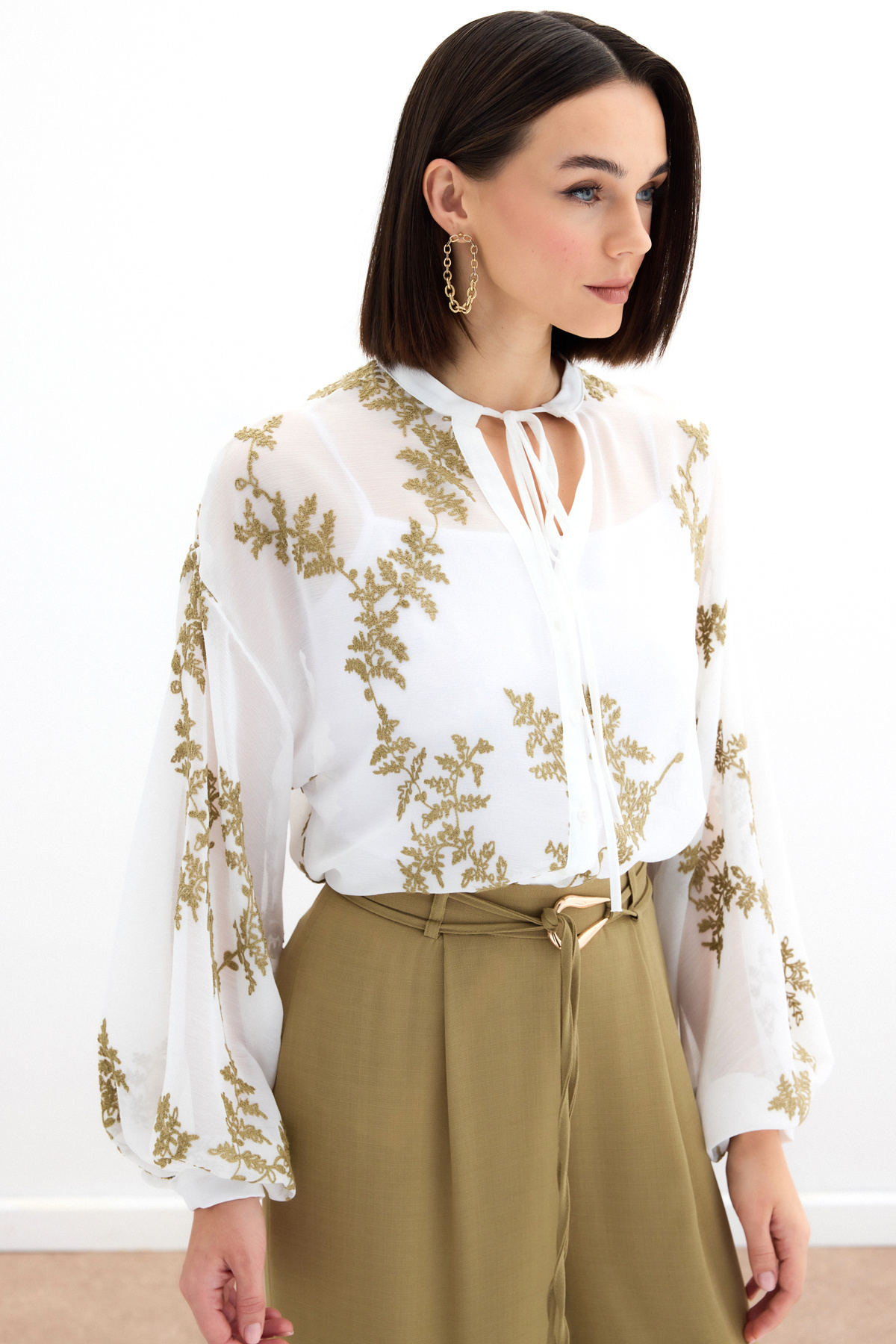 Nakışlı Şifon Gömlek - Haki