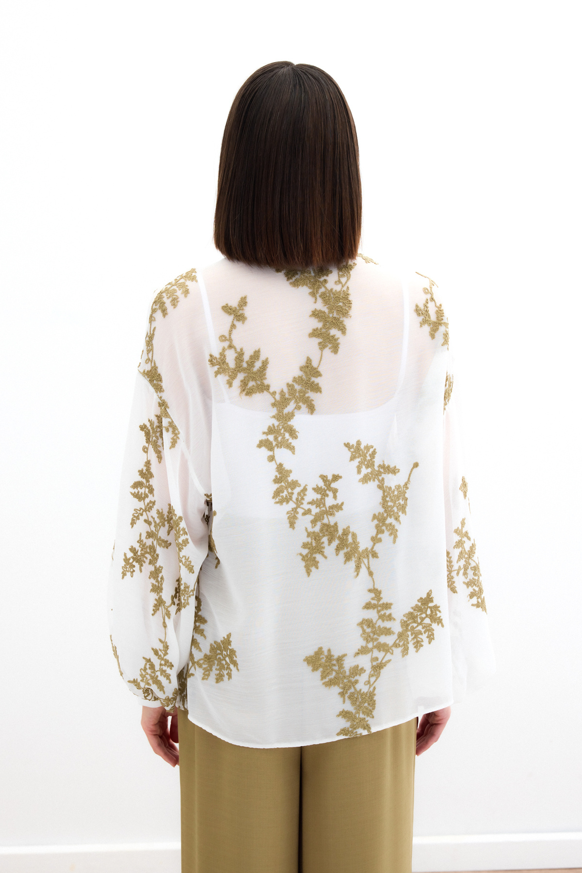 Nakışlı Şifon Gömlek - Haki