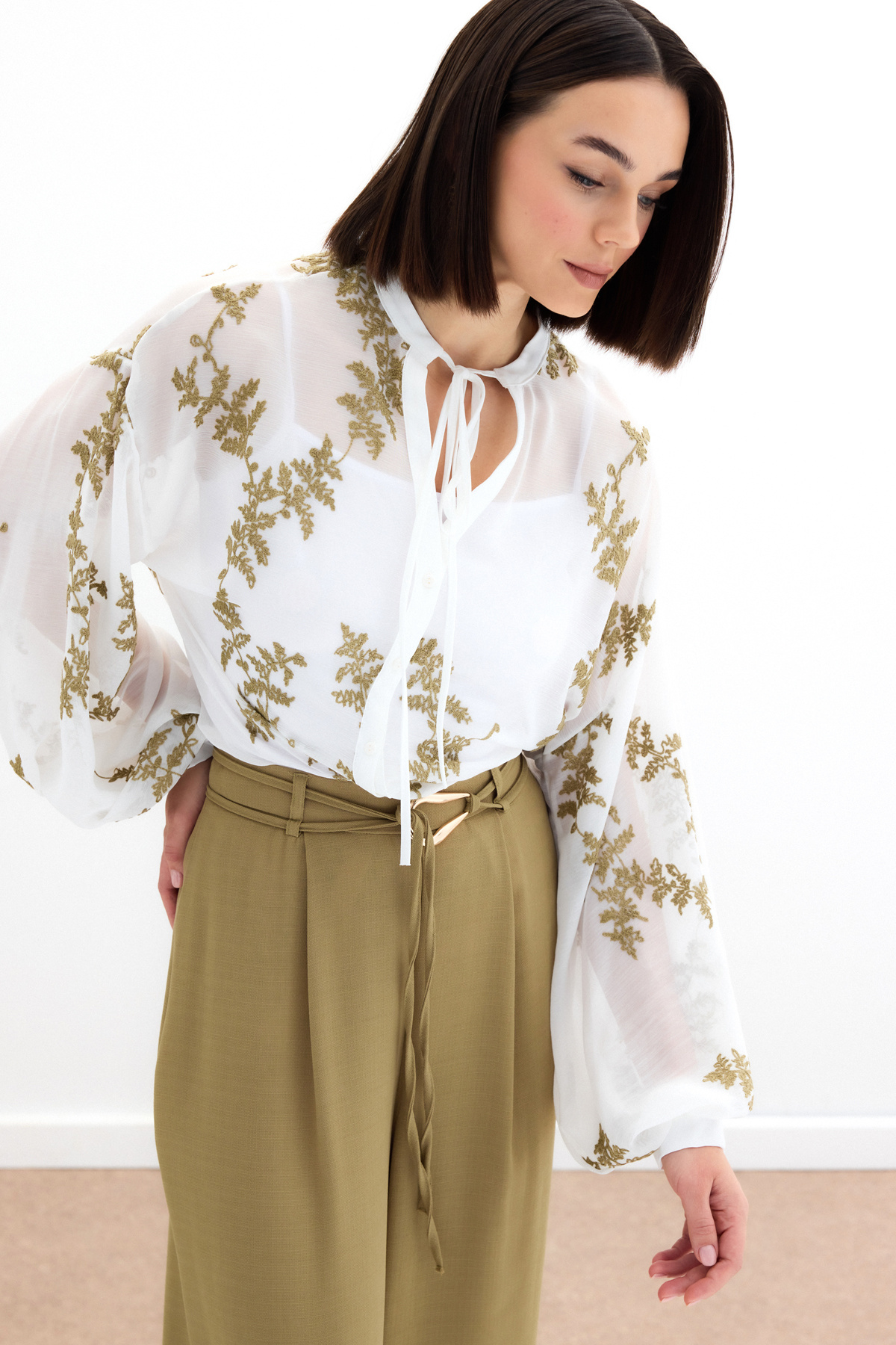 Nakışlı Şifon Gömlek - Haki