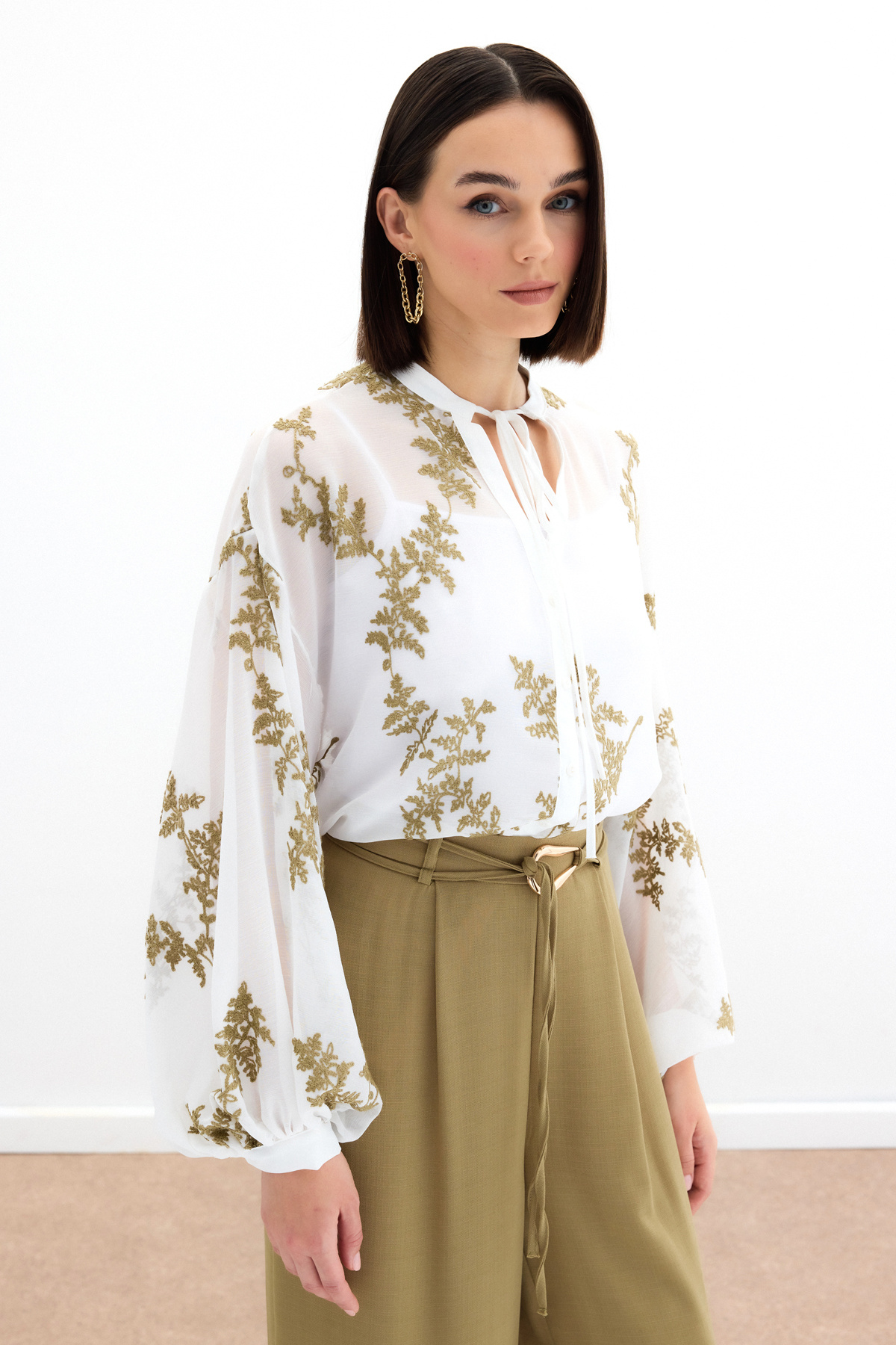 Nakışlı Şifon Gömlek - Haki