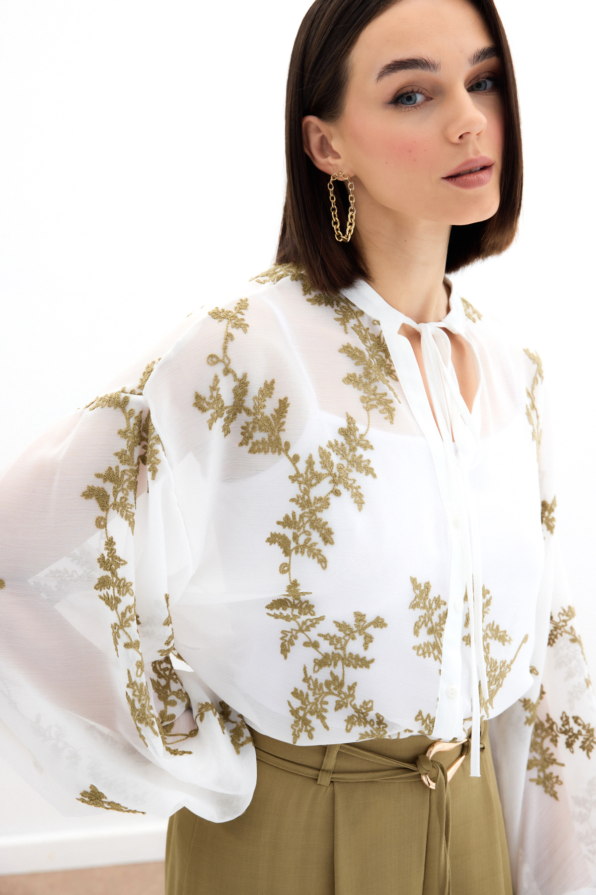 Nakışlı Şifon Gömlek - Haki