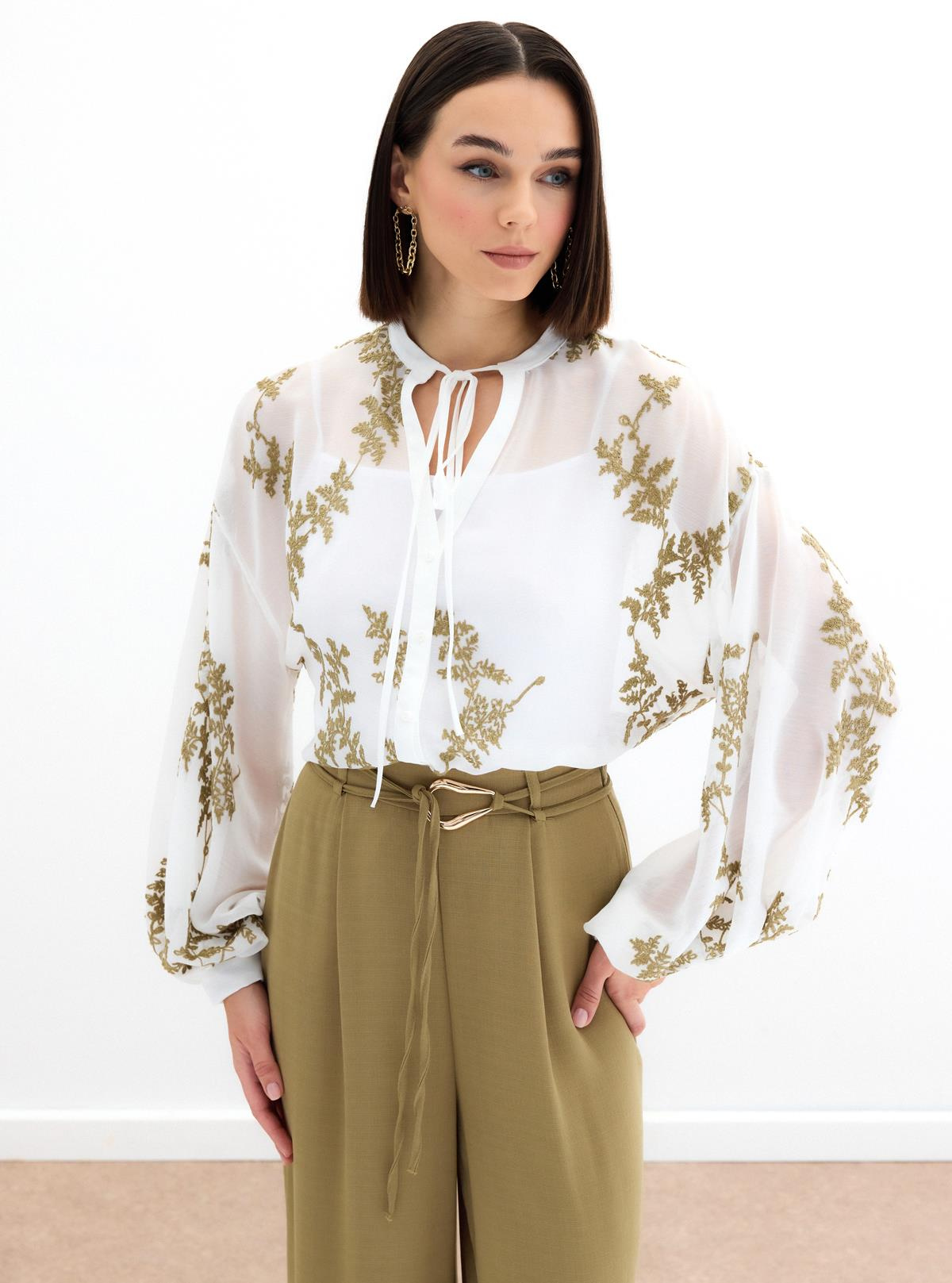 Nakışlı Şifon Gömlek - Haki